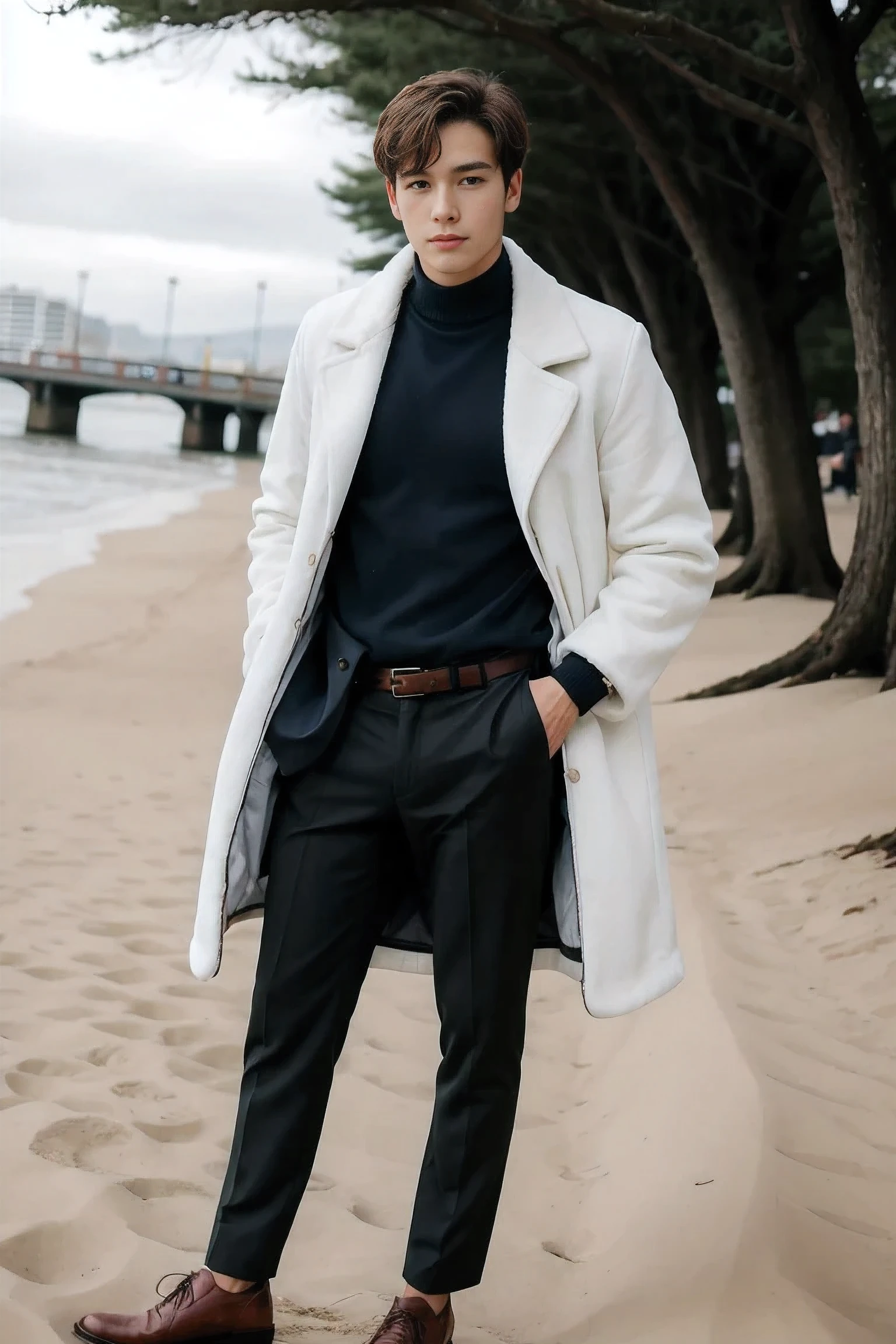 handsome male,solo,Casual dress,feather coat,dutch angle ,sand