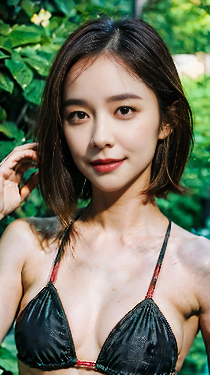 1 Female,Focus on the chest,Beauty,Highest quality,Ultra-realistic,Beautiful appearance ,Brown color,Short Hair,Small breasts,Facing forward,Portraiture,smile,Cleavage,forward leaning posture,Swimwear, Realistic,