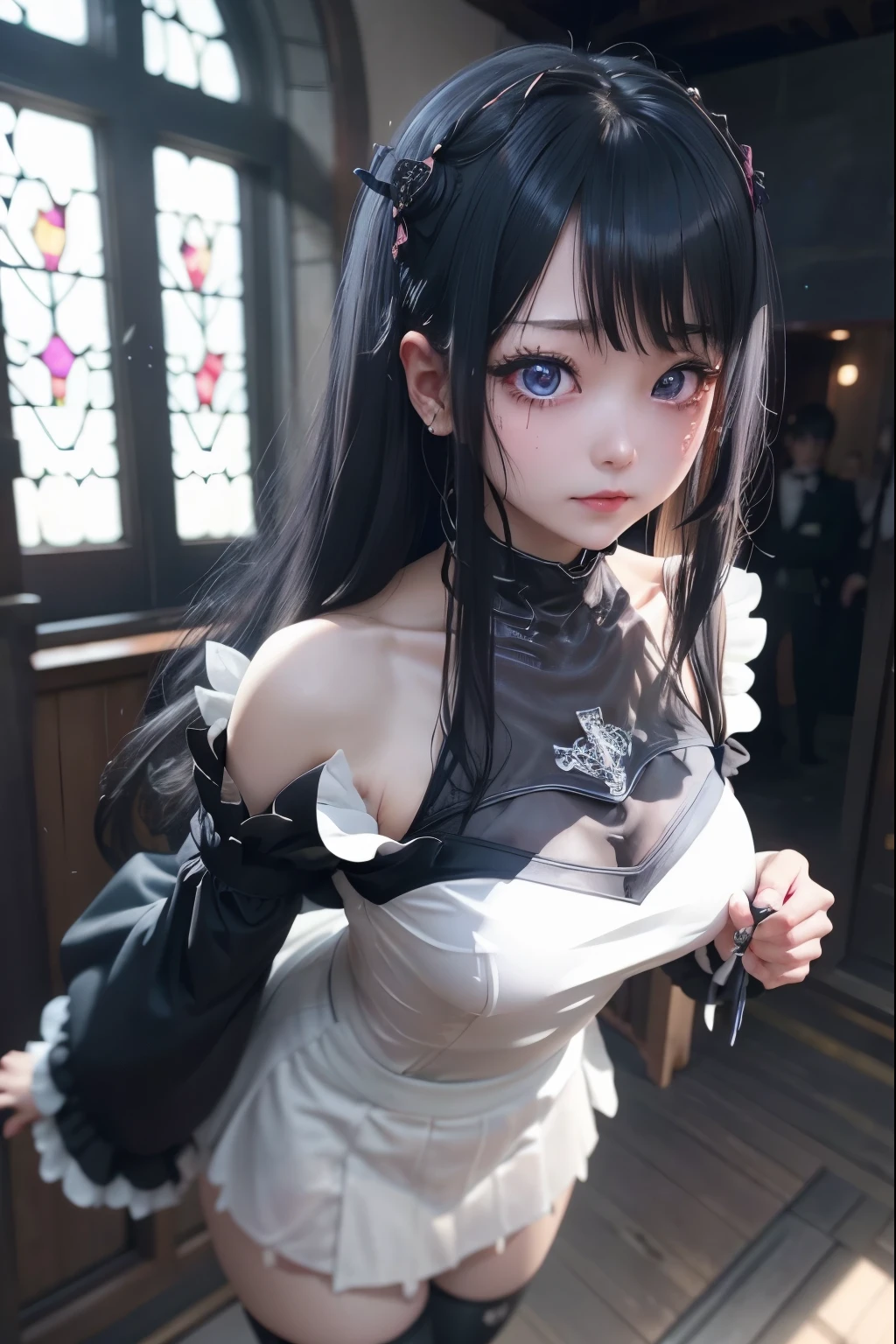 ハードDark Gothicメイク、Deep Night Sky、Horror、Black dark eyeshadow、cry、sad、Good skin radiance、Dark Gothicメイク、Dark smile、palace、The beauty of fragrance、24-years-old、Expression of intense sexual pleasure、Embarrassed look、Dark Gothic、Obscene language、highest quality、Expression of sexual pleasure in suffering、Drunk face、紫のMaid clothes、Mysterious、Noble、The face of someone who is holding in the toilet、sexy、Loving smile、Twin tail hair、Right blue eye, Left eye is red、Super bewitching pose、Platform Heel Shoes、Heavy makeup、Gothic ta Clothing、A little slimmer、Silver Hair、Long Hair Straight Hair、Cute Gothic Loliress、Beautiful Face、elegant features、Fascinating face、Stained glassが背景、Chest glistening with sweat、The room is dark、goth long dress、Bell Sleeves、Wizard Sleeve、decadent look、Sexually excited expression、Gothic Mode、Glossy thighs wet with water、Thighs that are wet and shiny with oil、Background of a room full of roses、sad表情、Rose Maiden、The embroidery is pink、The dress has pink embroidery、Thigh-high socks、Knee-high socks、Gentle expression、Dark black eyeshadow、despicable act、Stained glassと薔薇背景、The lower half of the body is wearing a black bikini swimsuit.、thighs are a little thin、Female Duo、Female couple、A blue lightning bolt glows in her right hand.、Blue electromagnetic waves shine in my hands.、dark church background、Stained glass、black metal world、Dark Castle、Dark Room、Slender body、upright、walk、Are standing、gothic long dresaid clothes、Victorian dresses、Her thighs glisten with sweat、My body is wet and shiny、Lots of glitter on the thighs、sweating、My thighs are sticky from sweating、Sweat glistens on the thighs, The whole body is sweaty and shiny、pretty sweaty、My thighs are sweaty、My thighs are so wet、My thighs are shining with sweat、A lot of sweat glistens all over the body、The thighs are the best、Black bikini bottoms、