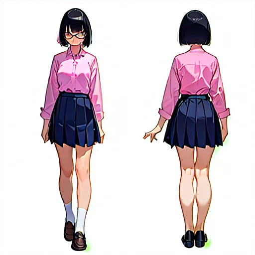 (masterpiece),(8k,best quality,high resolution,),(ultra-detailed,realistic), (anatomically correct),
((full body image)), (One image with front and back images side by side), (No background), (Standing),
(1girl),
(A Japanese girl, 17 years old and 155cm tall.),
(black hair), (straight hair), (short hair style), (bob cut), (hair behind ears),
(she wears glasses with black cell-frame frames),
((high school uniform)),
((Pink collared dress shirt)),
(navy blue skirt),
(brown loafers),
(Create a detailed image of the eye),
(Her impression is pure, clean and kind.), (seductive smile),
(No background),