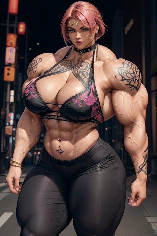 ((((Massive tall, beautiful, buff, brown skinned muscular woman with shocking pink hair, tattooed body adorned with intricate designs, ginormous bulky muscles, and wearing a beautiful silk black halter top with black pants)))), ((close view)), massive muscle, massive biceps, hyper muscle shoulders, ((massive muscle arms)) vascular shoulders, hyper muscle triceps, (angled bob cut), red eyes, ((tattooed body adorned with intricate designs)), choker, black pants, high heel boots, (in a crowded Tokyo street), confident smile, night, hyper vascular arm, hyper muscles arms, hyper muscle legs, (massive arms).