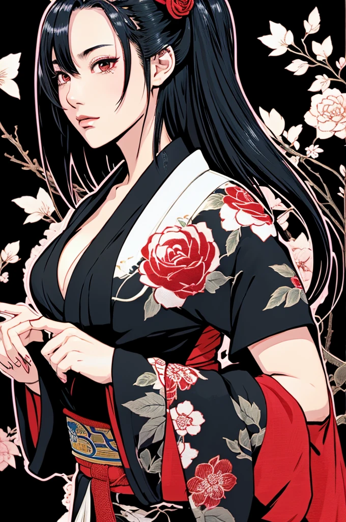 Beautiful hardcore illustration homepage illustration style, dark, High resolution, hard touch illustration, Strong outline, One Girl, Japanの芸者スタイル, Fuji Mountain, Japan, 8k, American comic book style, Colorful background, Hiroyuki Nagasaka, Aggressive, (Katana drawing action(1.8)), Beautiful Face, Cool Beauty, kimono, Beauty Style, Black and Red, Fight, Hard Illustration, Rose red hair, Rose, warrior, Little Monster, kimono, (Japanese sword(1.8)), kimonoの衿がはだける(1.5), Cleavage(1.5),
