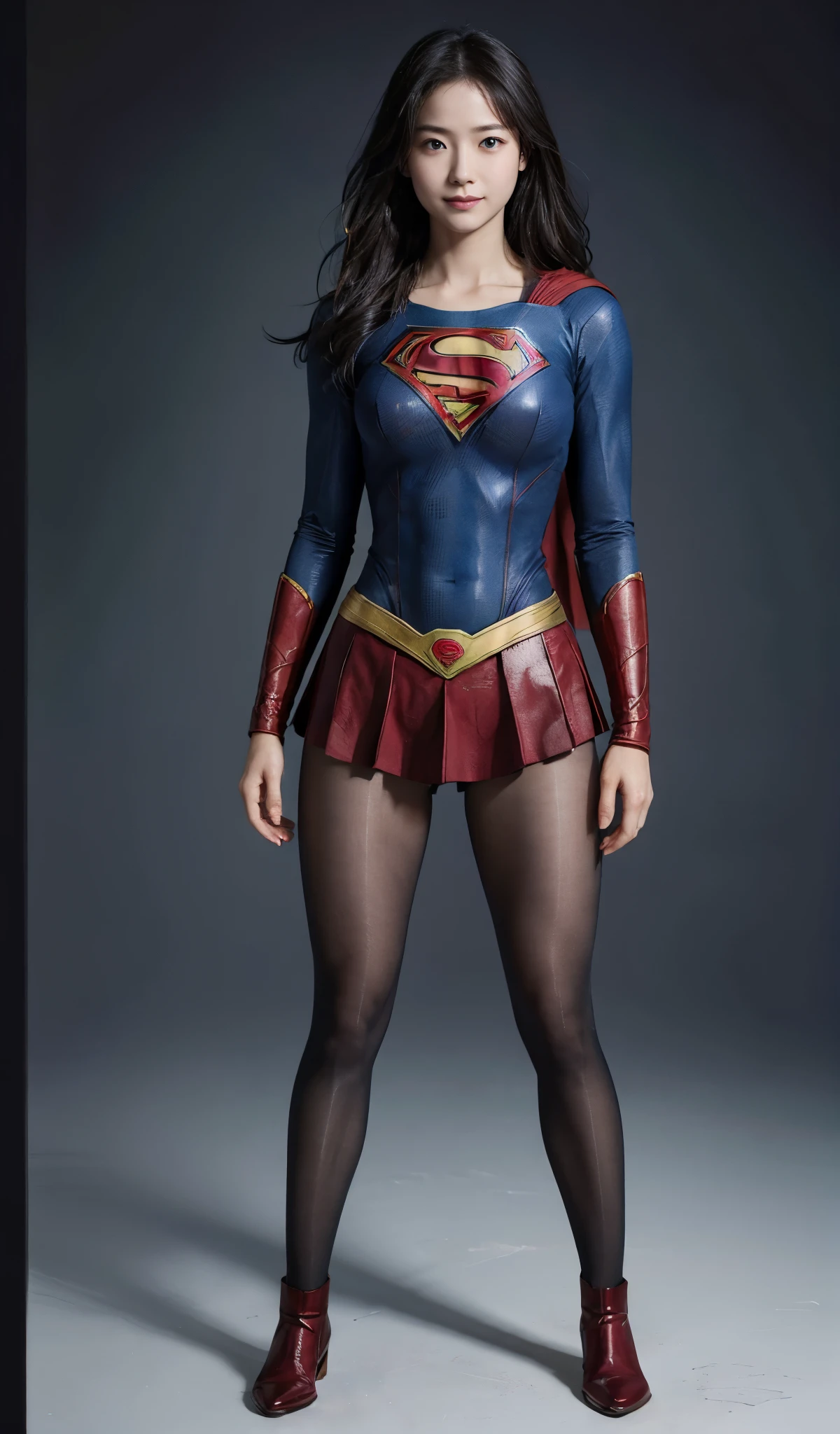 No background、(((Beautiful legs in black tights.)))、(((Legally express the beauty of your smile)))、((((Make the most of your original images)))、(((Supergirl Costume)))、(((Beautiful Hair)))、(((suffering)))、(((Please wear black tights....、Wear red boots)))、((Best image quality、8K))、((highest quality、8K、masterpiece:1.3))、(((Preserve background )))、Sharp focus:1.2、Beautiful woman with perfect figure:1.4、Thin abdominal muscles:1.2、Wet body:1.5、Highly detailed face and skin texture、8K