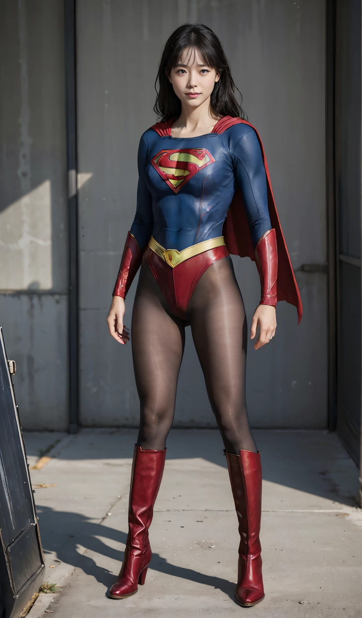 No background、(((Beautiful legs in black tights.)))、(((Legally express the beauty of your smile)))、((((Make the most of your original images)))、(((Supergirl Costume)))、(((Beautiful Hair)))、(((suffering)))、(((Please wear black tights....、Wear red boots)))、((Best image quality、8K))、((highest quality、8K、masterpiece:1.3))、(((Preserve background )))、Sharp focus:1.2、Beautiful woman with perfect figure:1.4、Thin abdominal muscles:1.2、Wet body:1.5、Highly detailed face and skin texture、8K