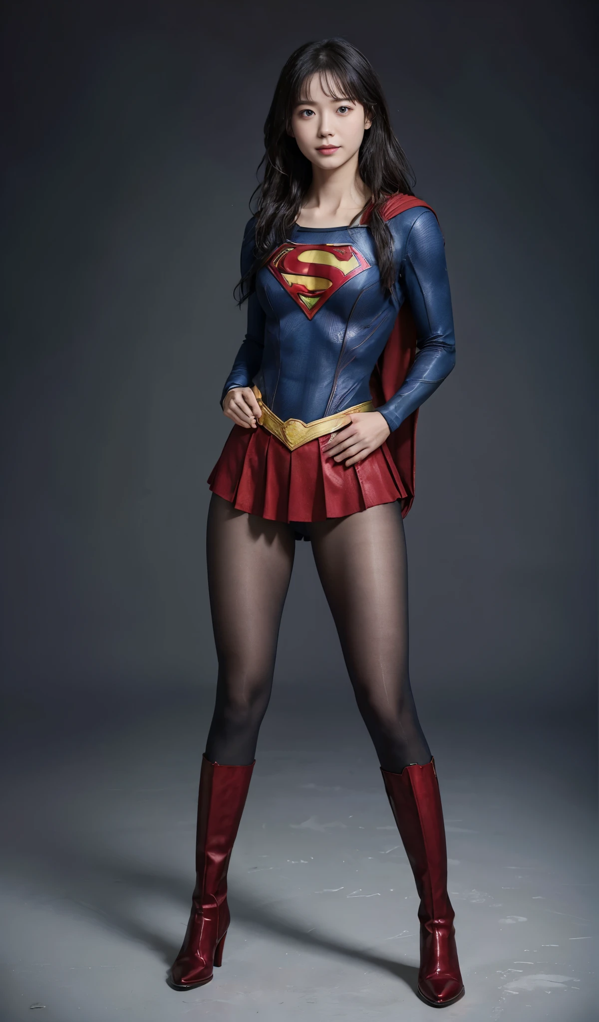 No background、(((Beautiful legs in black tights.)))、(((Legally express the beauty of your smile)))、((((Make the most of your original images)))、(((Supergirl Costume)))、(((Beautiful Hair)))、(((suffering)))、(((Please wear black tights....、Wear red boots)))、((Best image quality、8K))、((highest quality、8K、masterpiece:1.3))、(((Preserve background )))、Sharp focus:1.2、Beautiful woman with perfect figure:1.4、Thin abdominal muscles:1.2、Wet body:1.5、Highly detailed face and skin texture、8K