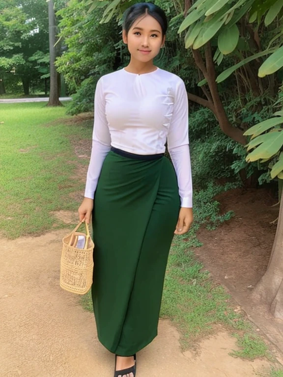 A school teacher is 30years old.Tall, thin, big hips, big breasts, black hair, small lips, brown eyes, attractive, 64K.Top=white Burmese blouse,With long sleeves,Buttoned at the side.Bottom=(Dark green) long skirt.
Footwear=female Burmese sandals,The hair is knotted bun.