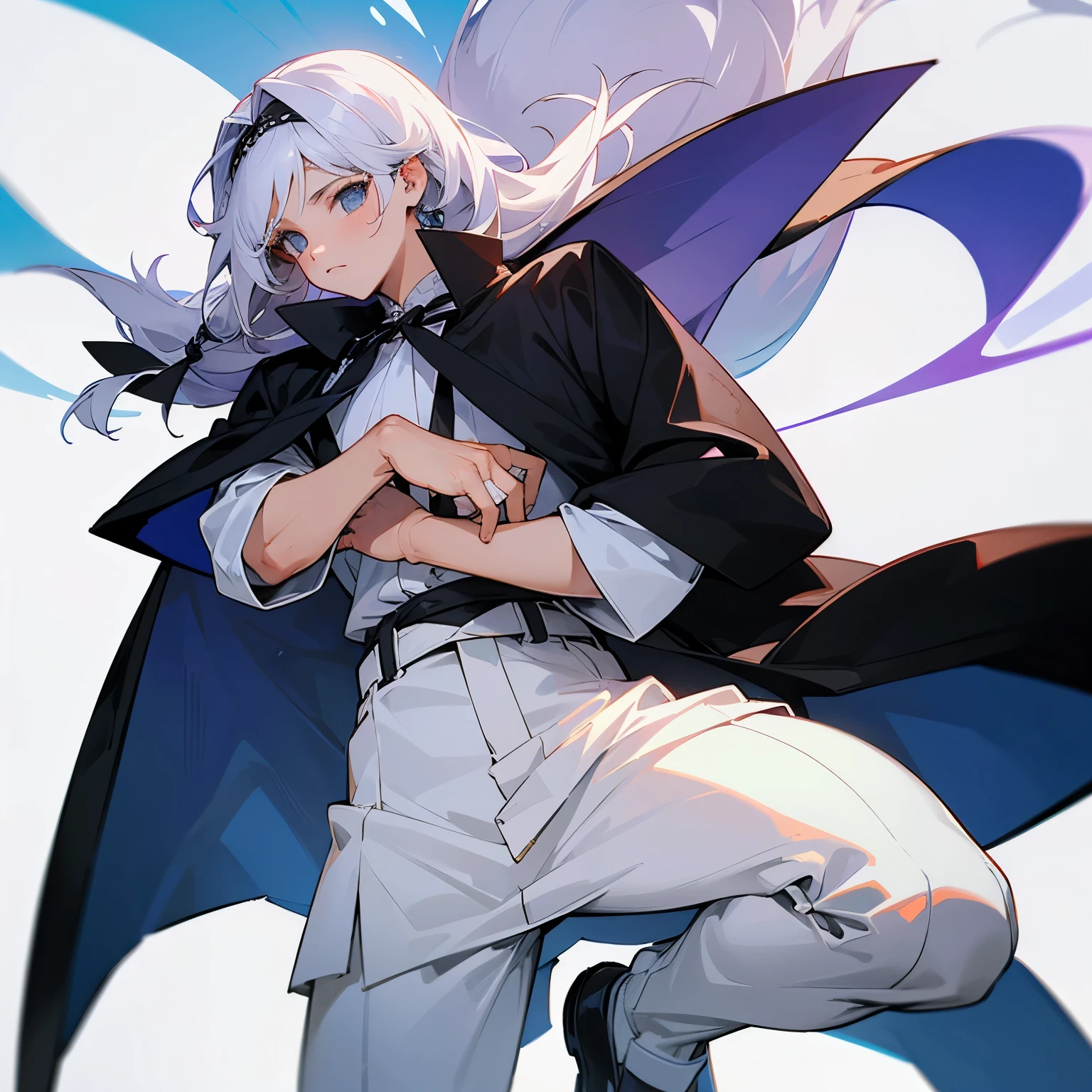 Crea una imagen de un chico de piel blanca, con cabello oscuro desordenado, wearing a Japanese academic uniform of white shirt and black tie, con una chaqueta grande y rota que cuelga de sus hombros, He has bandages on his muscular arms and legs, con una cicatriz en su mejilla izquierda y con parches ensangrentados en la frente y mejilla derecha