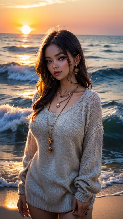  an image of indonesian large breasts woman with a long hair in the sunset beach, wear an oversized sweater and beautifull necklace, upper body, (Best quality, 32k, Masterpiece, UHD:1.2), 