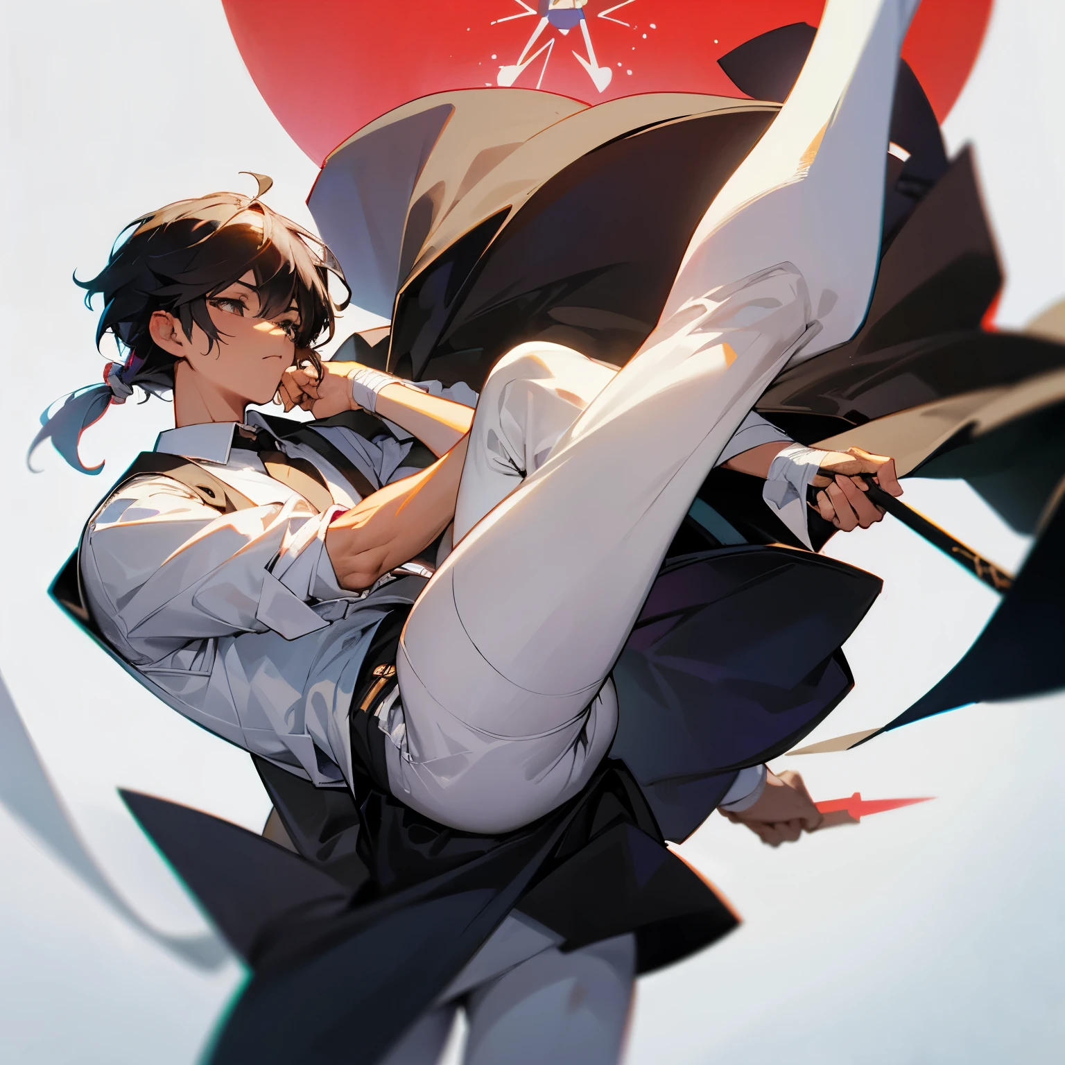 Crea una imagen de un chico de piel blanca, con cabello oscuro desordenado, wearing a Japanese academic uniform of white shirt and black tie, con una chaqueta grande y rota que cuelga de sus hombros, He has bandages on his muscular arms and legs, con una cicatriz en su mejilla izquierda y con parches ensangrentados en la frente y mejilla derecha