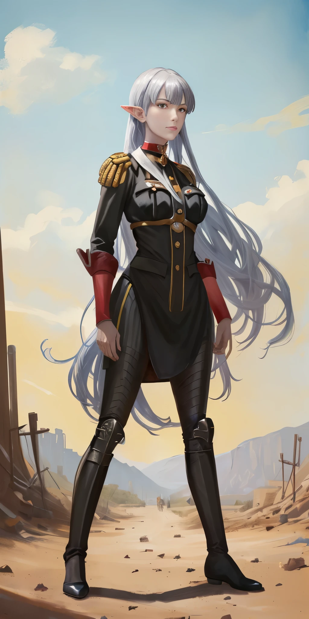 (Selvaria Bles (Valkyria Chronicles) LoRA) Female, standing, straight, 1girl, elf, green wavy hair, medium breasts, suspended by arms, head down, POV, from the side (dirty, bruise:1.2) cave floor, tied up, rope, (Masterpiece), full body of a female, big breast, detailed face, full portrait, standing straight, shackles on arms and legs, black choker on neck, SFW, WHITE TOGA, golden chains hands, golden chains legs, lascivious face, embarrassed, red cheeks, braid black hair, full body, view from below, far shot, cow boy shot, looking at viewer, handcuffs on their hands, with a collar around the neck, slave, ((black choker, shackles on legs and arms)) ((hands hiding behind body))