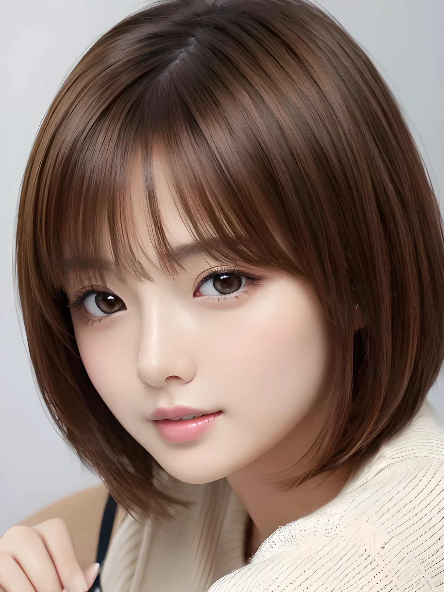 masterpiece, highest quality, High resolution, table top、wallpaper, realistic, bright lighting, professional lighting, face light, smooth lighting, japanese girl, cute, open mouth to say something, Beautiful girl, gravure, sexy, super beautiful, beautiful skin, beautiful and detailed eyes、detailed face、slim、moderately、short hair, brunette colored hair, brown eyes, look at the camera, sweater,