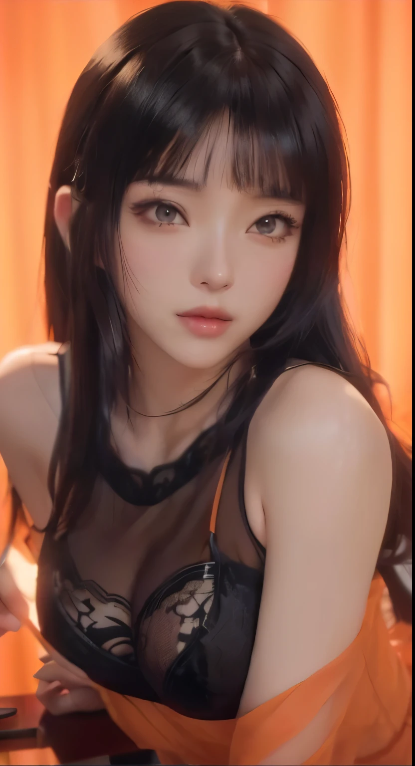 Alafide Asian woman wearing orange transparent lace top posing in front of the camera, Charming anime girl, Realistic Anime girl render, Realistic Anime 3D 风格, Realistic Anime, Sexy portrait of Tifa Lockhart, 3D animation is realistic, Realistic young anime girl, Smooth anime CG art, Charming anime girl, Surrealist anime, Beautiful charming anime woman, Beautiful anime girl，Black hair，