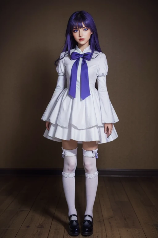 (masterpiece, best quality), 1girl, frederica bernkastel, purple eyes, purple hair, long hair, purple bow, dress, frills, white kneehighs,  kneehighs bow, mary janes, amazingly beautiful girl, 32k RAW photography, professional photoshoot, 