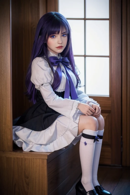 (masterpiece, best quality), 1girl, frederica bernkastel, purple eyes, purple hair, long hair, purple bow, dress, frills, white kneehighs,  kneehighs bow, mary janes, amazingly beautiful girl, 32k RAW photography, professional photoshoot, 