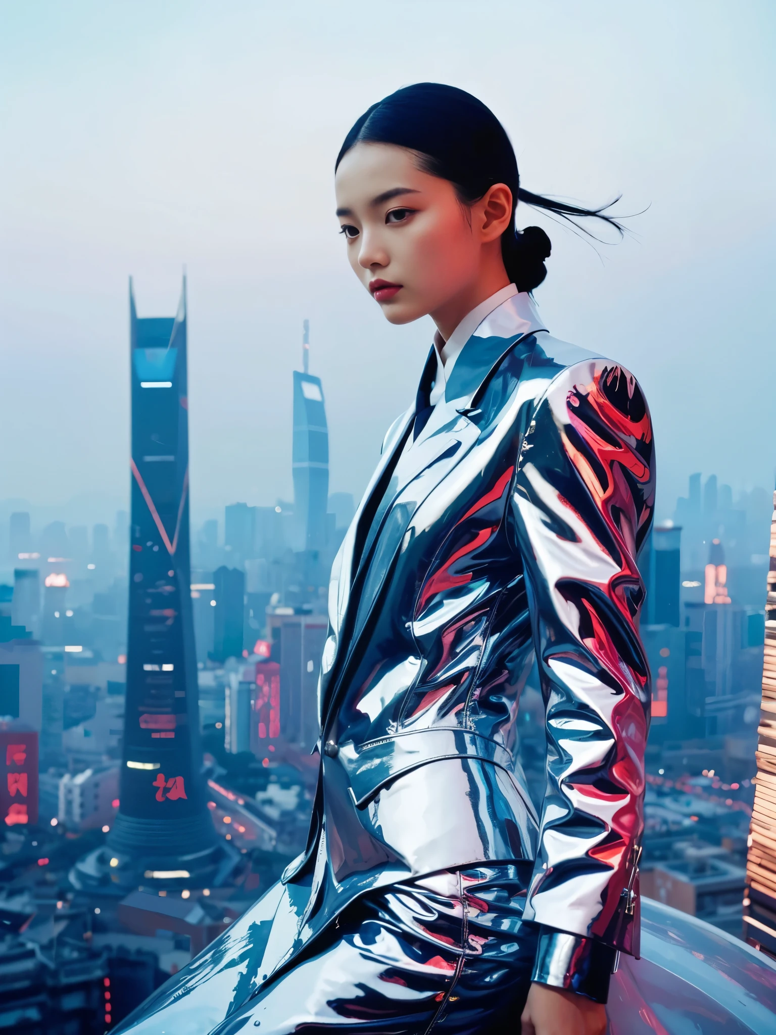 Step into the dream，1girl，Lovely Chinese high fashion model wearing Yohji Yamamoto&#39;s avant-garde version of the Zhongshan suit，This low-angle shot by V Magazine against the futuristic Shanghai skyline showcases the visionary aesthetic of Pierre et Gilles，Beautiful face，UHD, anatomically correct, textured skin, 8k, best quality, ccurate, masterpiece