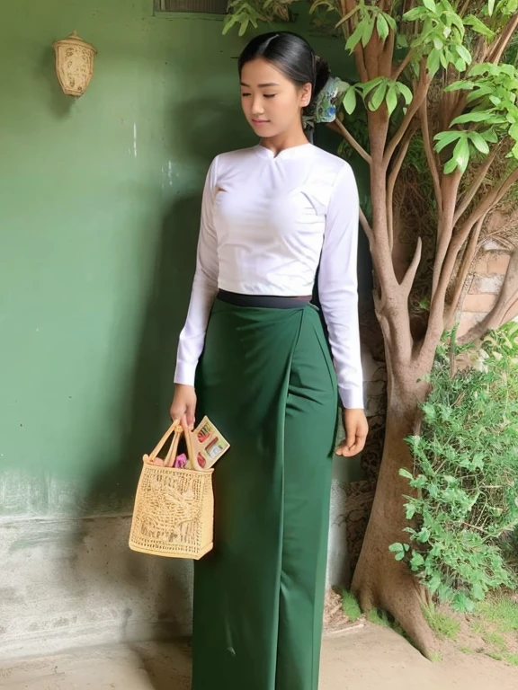 A school teacher is 30years old.Tall, thin, big hips, big breasts, black hair, small lips, brown eyes, attractive, 64K.Top=white Burmese blouse,With long sleeves,Buttoned at the side.Bottom=(Dark green) long skirt.
Footwear=female Burmese sandals,The hair is knotted bun.