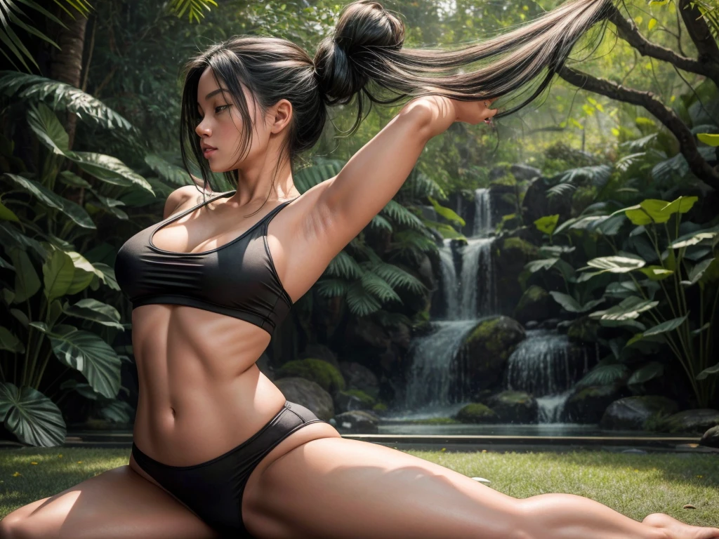 (best quality,4k,highres:1.2),ultra-detailed,(realistic:1.37)、
A woman practicing yoga in a serene and lush garden, surrounded by vibrant flowers and tall trees. She is wearing a form-fitting yoga outfit, showcasing her toned physique. As she strikes a sexy pose, her body exudes confidence and grace. Her eyes are focused and determined, reflecting her dedication to her practice. Her lips are slightly parted, displaying a sense of tranquility. The sunlight filters through the leaves, casting a warm and golden glow on her skin. The atmosphere is peaceful and calm, creating a zen-like ambiance. The colors are vivid and vibrant, illustrating the beauty and energy of the surroundings. The lighting is soft yet illuminating, emphasizing the contours of her body and highlighting her movements. The image is of the highest quality, exhibiting sharp details and realistic textures. The scene is captured with an artistic medium, combining the elements of traditional painting and photography. The overall artwork emits a sense of sensuality and sophistication, capturing the essence of the sexy yoga pose.