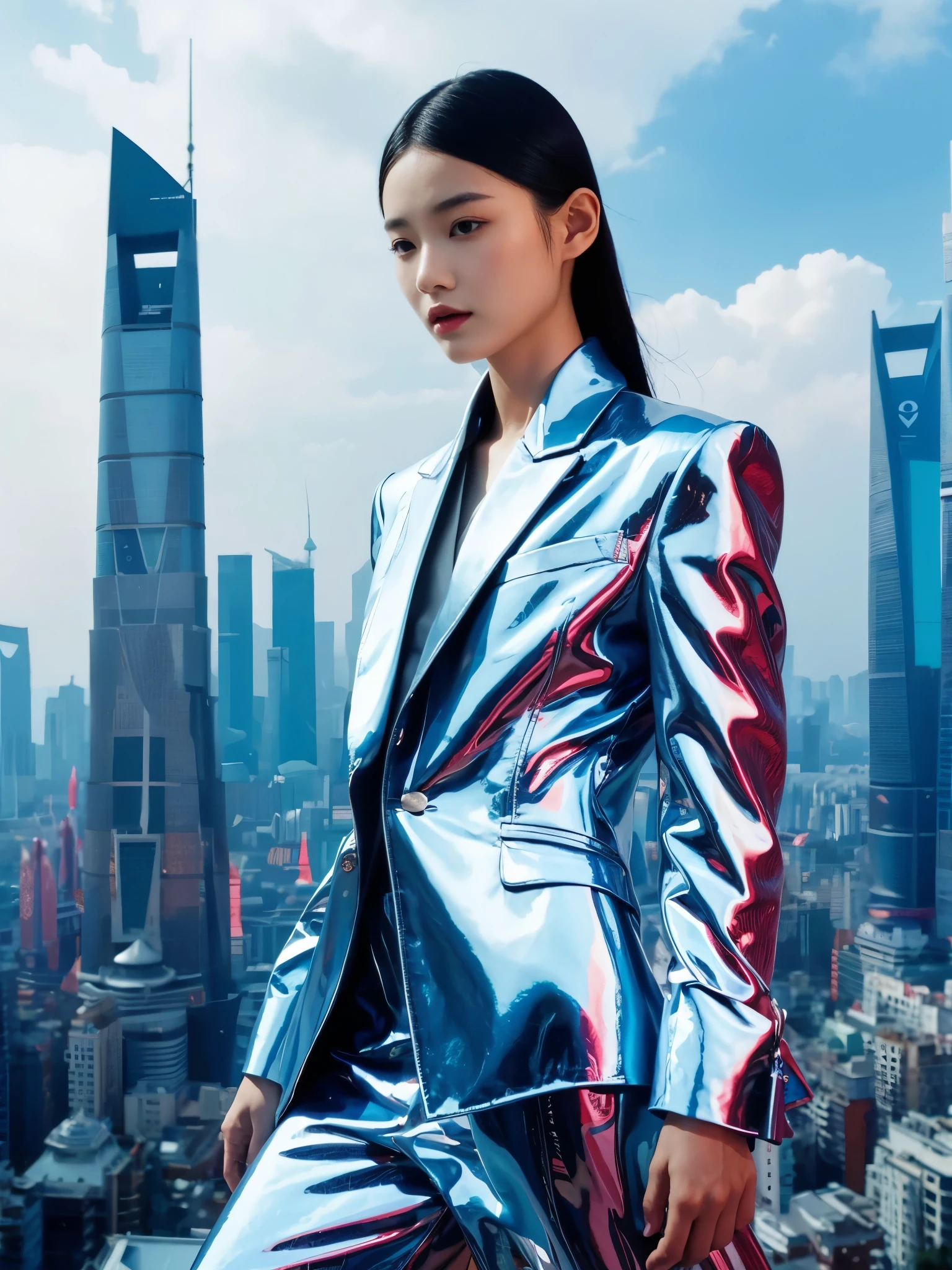 Step into the dream，1girl，Lovely Chinese high fashion model wearing Yohji Yamamoto&#39;s avant-garde version of the Zhongshan suit，This low-angle shot by V Magazine against the futuristic Shanghai skyline showcases the visionary aesthetic of Pierre et Gilles，Beautiful face，UHD, anatomically correct, textured skin, 8k, best quality, ccurate, masterpiece