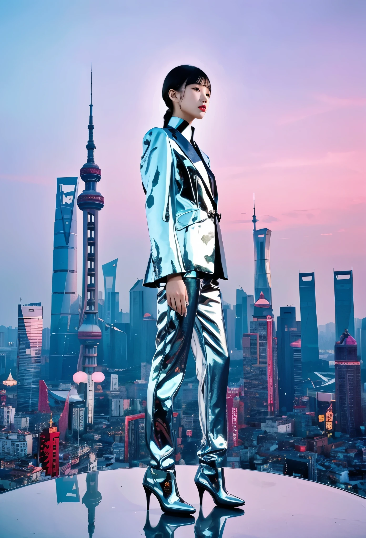 Step into the dream，1girl，Lovely Chinese high fashion model wearing Yohji Yamamoto&#39;s avant-garde version of the Zhongshan suit，This low-angle shot by V Magazine against the futuristic Shanghai skyline showcases the visionary aesthetic of Pierre et Gilles，Beautiful face，UHD, anatomically correct, textured skin, 8k, best quality, ccurate, masterpiece