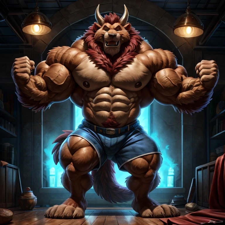 Uma imagem fotorrealista da Fera do filme A Bela e a Fera, super muscular giant, with muscular arms, ombros largos, giant and toned physique, veias musculares estourando, olhos azuis, cauda, pelo marrom super peludo, horns facing backwards, com veias saltando, bare feet, super gigante de 50 metros de altura no centro de uma cidade Lora:, altura toda. 4K, high resolution, melhor qualidade, (peitorais fortes, defined muscles, ombros musculosos), anatomia correta, (por Wfa:1.0), (por Takemoto Arashi:1.0), (por Taran Fiddler:0.5), sensual, (shorts rosa , topless), sombras sensuais, postura esbelta, abrir mouth, show language, abrir:1 olhos, decaudaed eyes