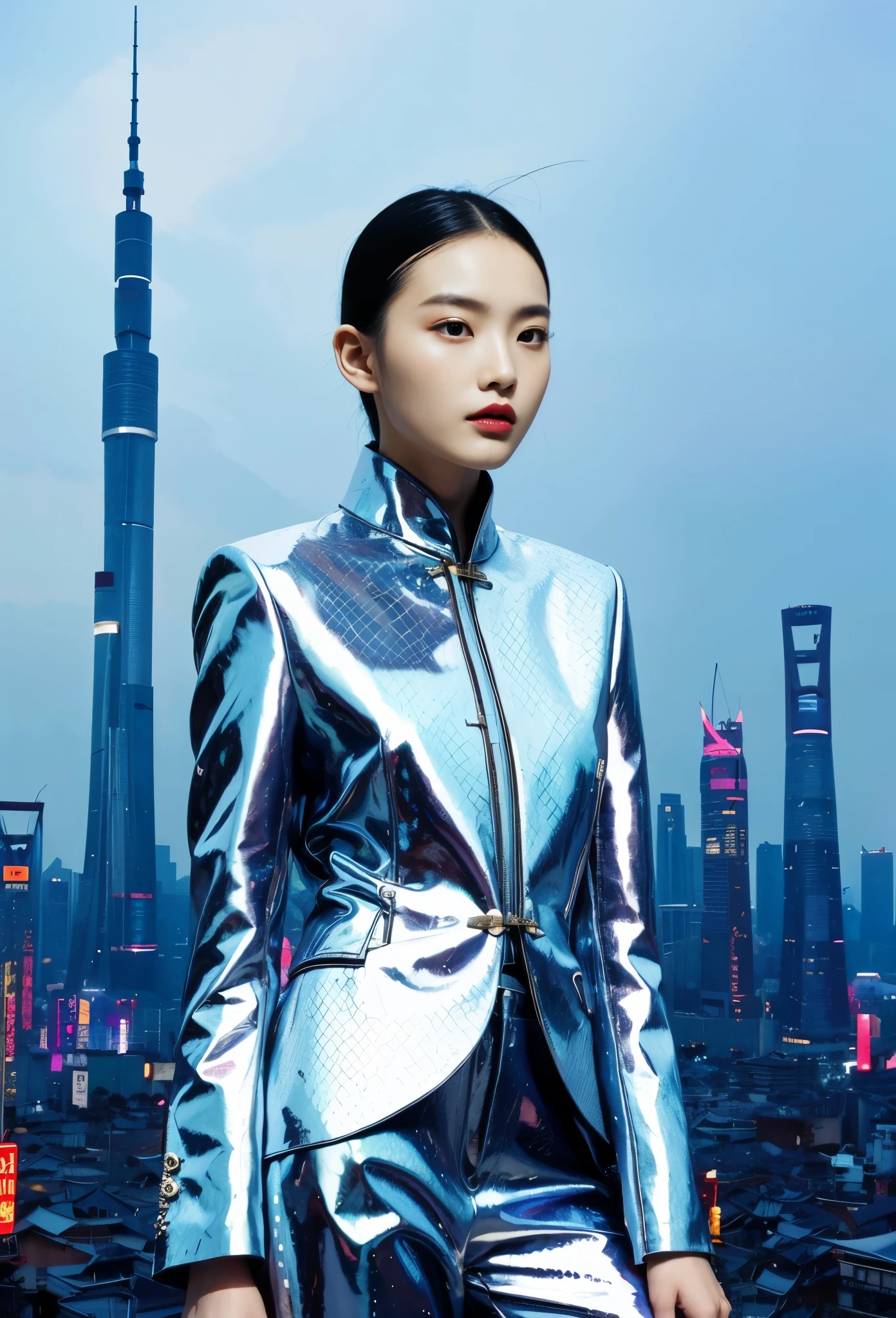 Step into the dream，1girl，Lovely Chinese high fashion model wearing Yohji Yamamoto&#39;s avant-garde version of the Zhongshan suit，This low-angle shot by V Magazine against the futuristic Shanghai skyline showcases the visionary aesthetic of Pierre et Gilles，Beautiful face，UHD, anatomically correct, textured skin, 8k, best quality, ccurate, masterpiece