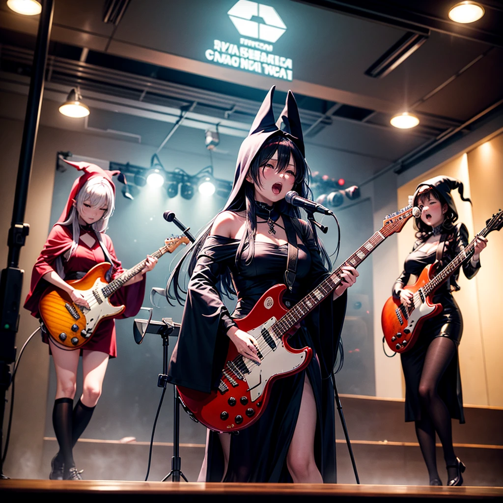A three-woman metal band dressed in witch costumes、Arrived in Japan and held a mass at a live venue、Neck slashing pose、The intense performance was a huge success、