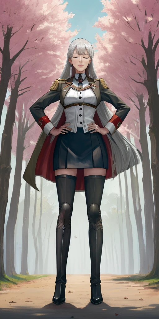 (Selvaria Bles (Valkyria Chronicles) LoRA) Female, standing, straight, 1girl (Full body, view from below, cowboy shot, looking at viewer, masterpiece, best quality, ultra detailed, immaculate:1.2) 30 y.o. woman, red eyes, short BLONDE hair, posing for photo, seductive smile, grey jacket, red necktie, green skirt, Sakura tree, building, (pinched eyes) (closed mouth) (hands on hips)