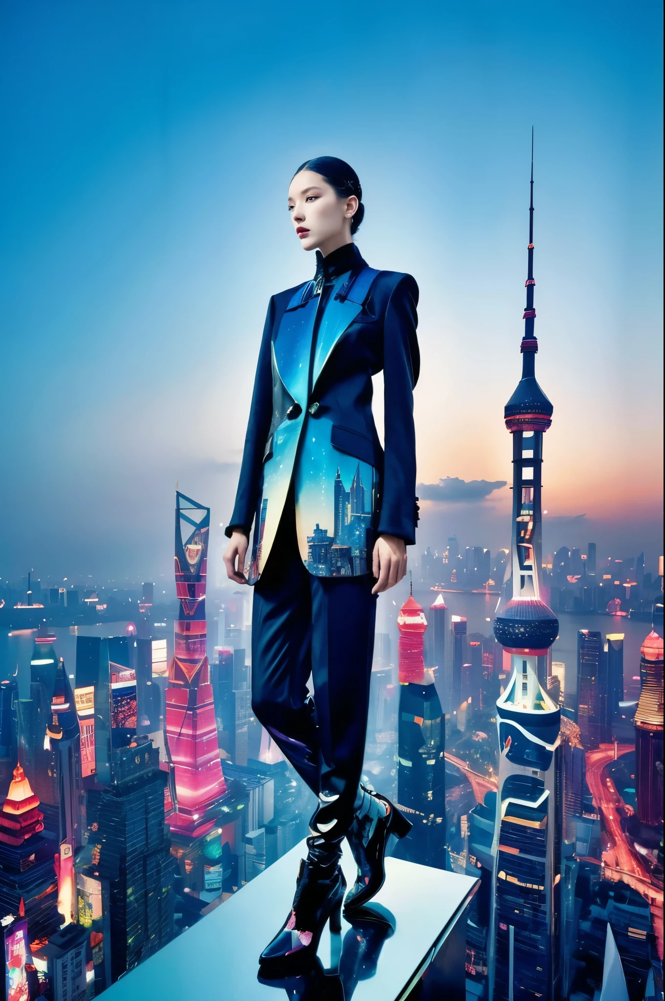 Step into a dreamscape where a high fashion model dons an avant-garde version of the Zhongshan suit by Yohji Yamamoto. This low angle view for V Magazine taken in a futuristic Shanghai skyline, demonstrates the visionary aesthetic of Pierre et Gilles