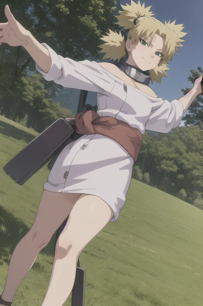 masterpiece, best quality, 1girl, ytemari, blonde hair,quad tails, dark green eyes, purple garment, sash, upper body, smile, looking at viewer, grass, blue sky, meadow background 