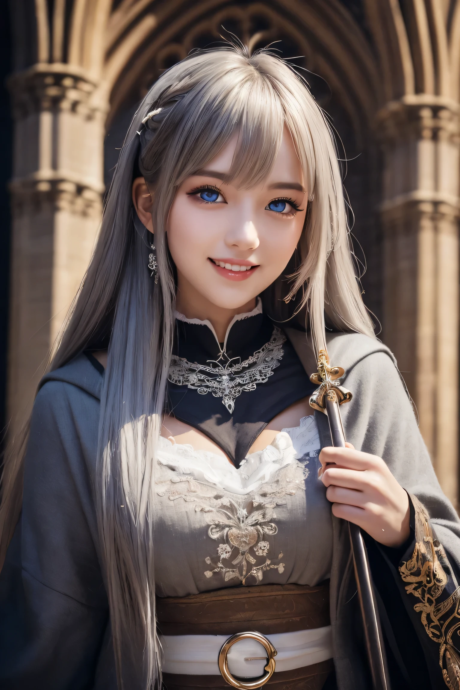 ((masterpiece)), ((best quality)), (ultra-detailed), ((kawaii)), cute, ((lovely)), ((extremely detailed)), 4K, (8K), best quality, (beautiful), illustration, (upper body:1.3), (middle-ages cathedral:1.3), outside, a cute girl, 1girl, solo, Japanese, (middle-ages fantasy necromancer:1.3), (fantasy necromancer costume), (round face:1.3), (beautiful gray hair:1.3), (long hair:1.3), ((beautiful hair)), tareme:1.5, beautiful blue eyes, ((beautiful eyes)), white teeth, smile, blush