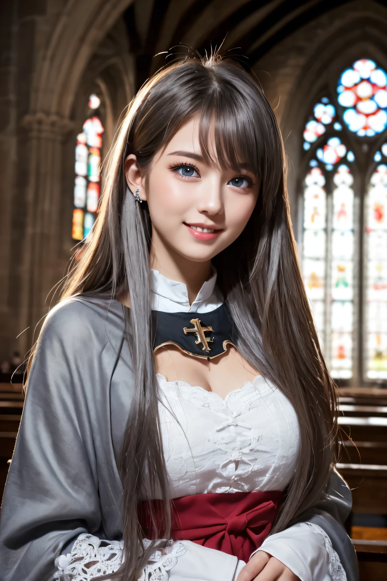 ((masterpiece)), ((best quality)), (ultra-detailed), ((kawaii)), cute, ((lovely)), ((extremely detailed)), 4K, (8K), best quality, (beautiful), illustration, (upper body:1.3), (middle-ages cathedral:1.3), outside, a cute girl, 1girl, solo, Japanese, (middle-ages fantasy necromancer:1.3), (fantasy necromancer costume), (round face:1.3), (beautiful gray hair:1.3), (long hair:1.3), ((beautiful hair)), tareme:1.5, beautiful blue eyes, ((beautiful eyes)), white teeth, smile, blush