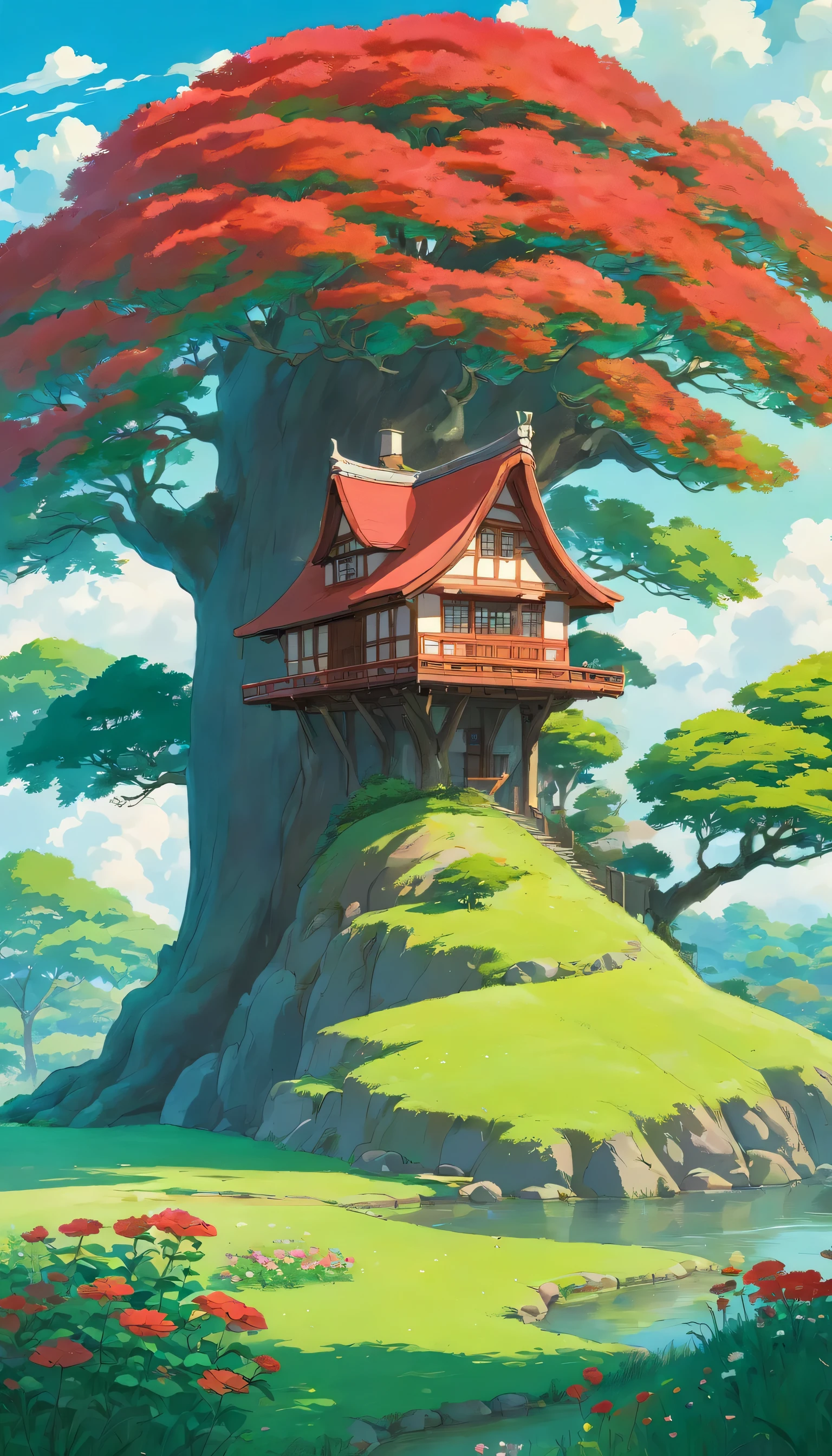 A small house near a giant tree In a beautiful landscape of green grass and red flowers near a small pond