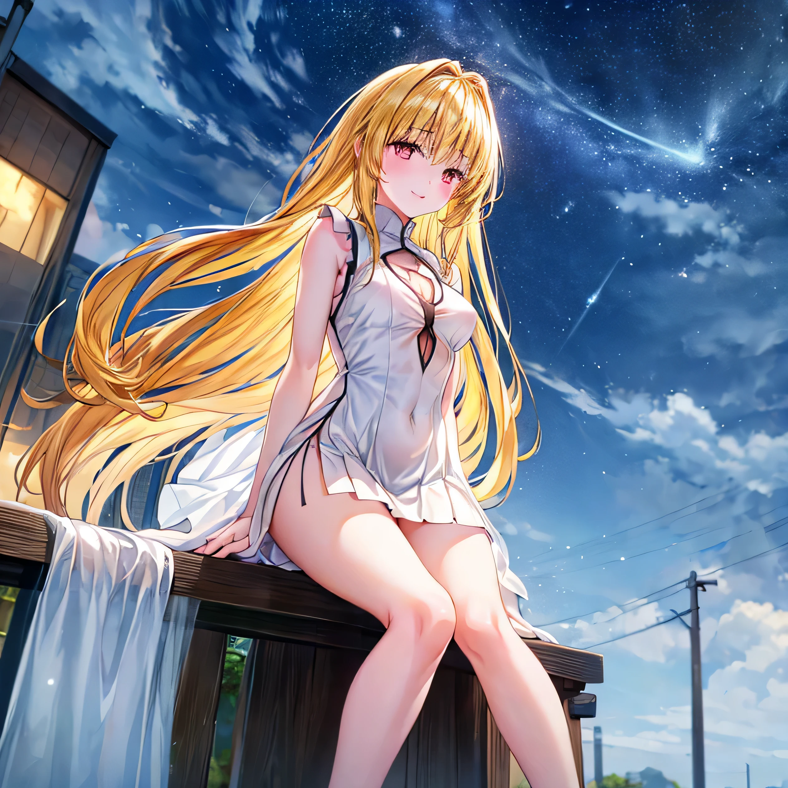 (masterpiece:1.3), (best quality:1.1), (8k, ultra detailed, ultra high res:1.2), ((anime style)), 
1girl,
BREAK long hair, wavy hair, arms behind back, 
(blonde hair), 
(blue eyes), 
medium breasts, (white camisole, Sequins, white sequins:1.4),  
BREAK smile, (gazing skyward:1.2), 
cowboy shot, BREAK (outdoor, Stars, Shooting star, sky, at night, galaxy, Cosmos, summer:1.3),