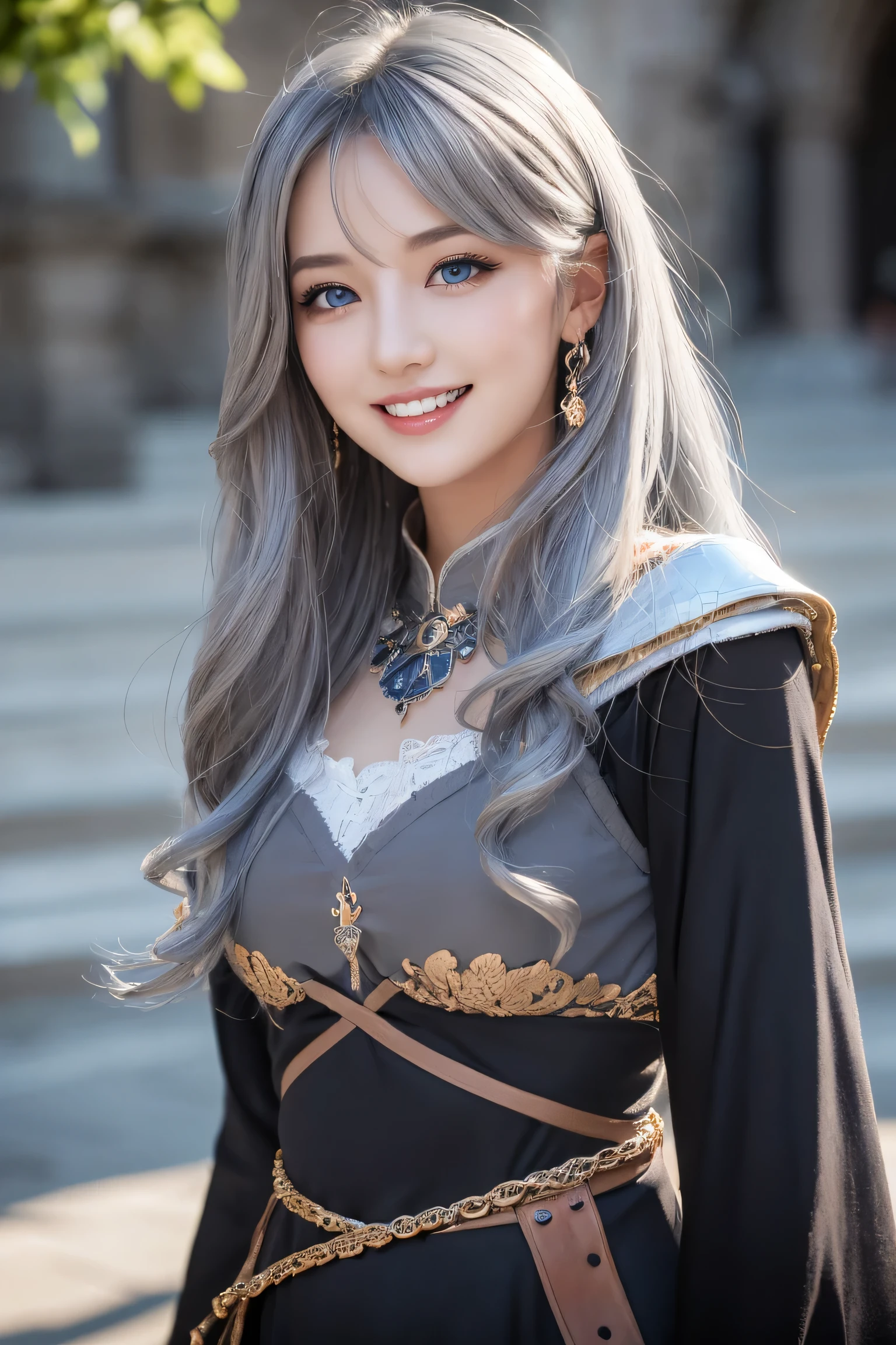 ((masterpiece)), ((best quality)), (ultra-detailed), ((kawaii)), cute, ((lovely)), ((extremely detailed)), 4K, (8K), best quality, (beautiful), illustration, (upper body:1.3), romanesque architecture, cathedral:1.3, outside, a cute girl, 1girl, solo, Japanese, (middle-ages fantasy necromancer:1.3), (fantasy necromancer costume), (round face:1.3), (beautiful gray hair:1.3), (long hair:1.3), ((beautiful hair)), tareme:1.5, beautiful blue eyes, ((beautiful eyes)), white teeth, smile, blush