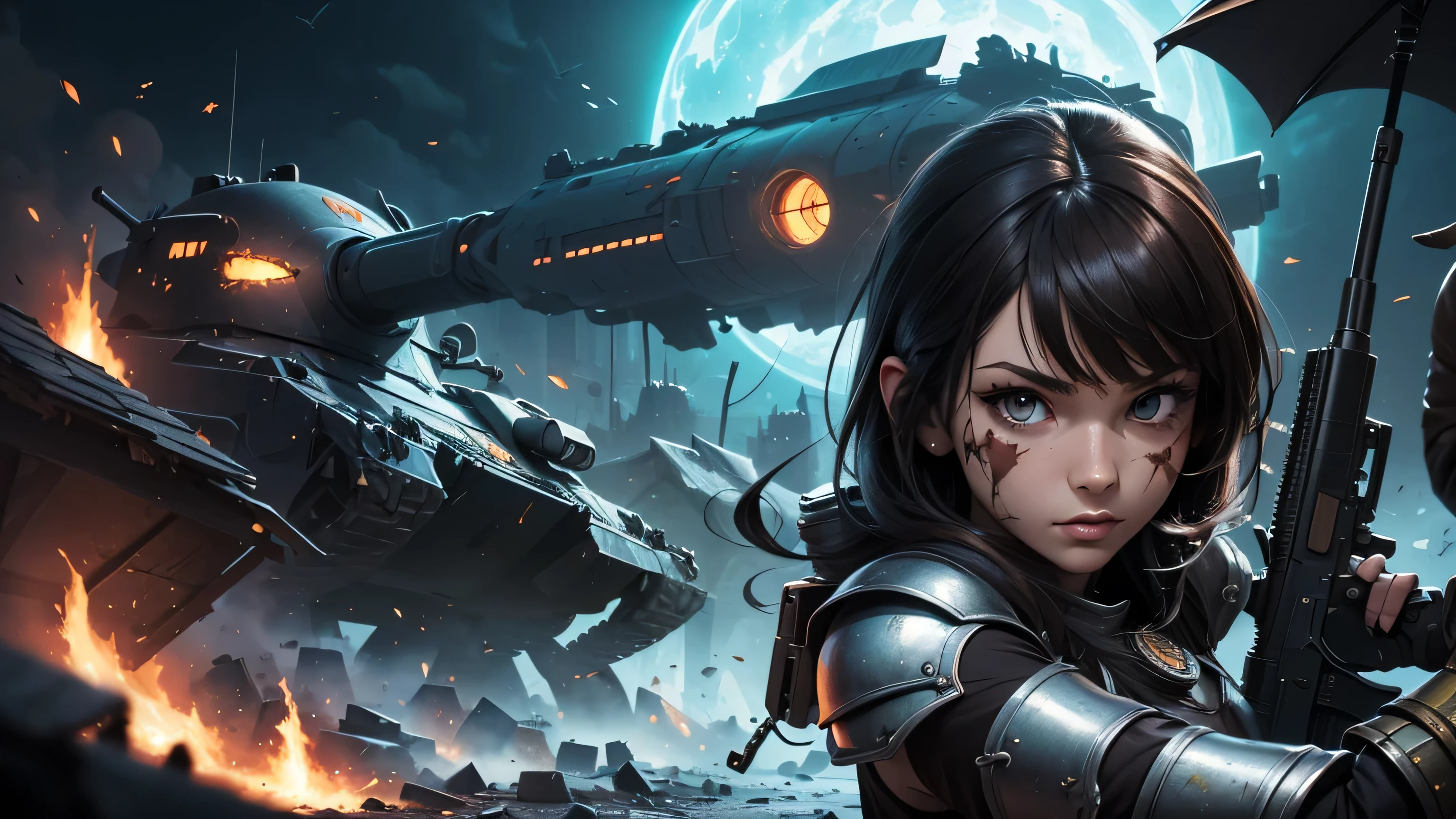 There is futuristic sifi street with broken houses and burned destroyed tank, on the sreet stand a female soldier in futuristic multicam sexy heavy armor, she armed with machinegun, she have black hair brown eyes and scar on her face, (ultra high quality sifi fantasy art, futuristic fantasy style, masterpiece, ultra highquality character design, 8k quality anime art, top quality wallpaper illustration, detailed ultea high quality acurrate face, highquality design and acurate physic )