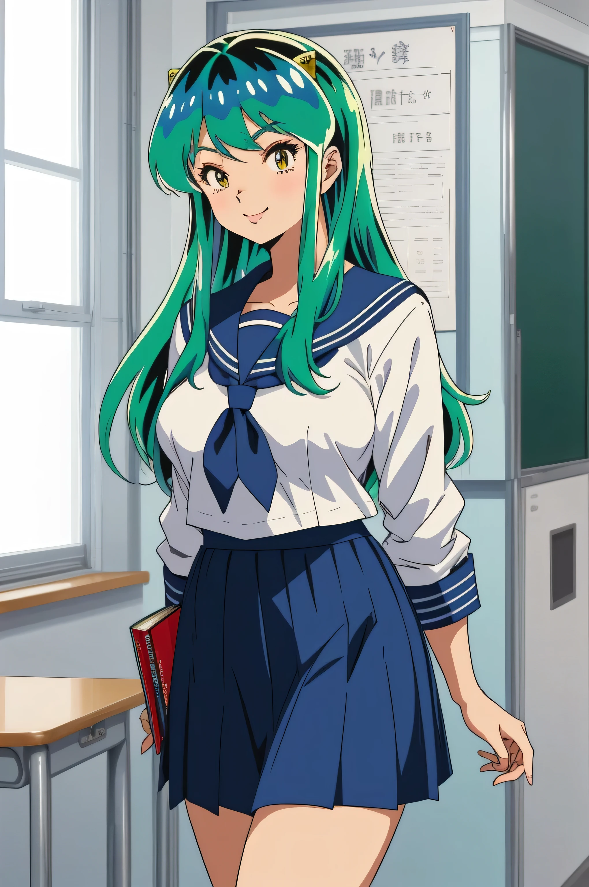 (Anime stuff, Retro art style, Clean brush strokes, Very detailed, Perfect Anatomy, Browsing Caution), Ram, sexy, (Blue-green hair), Long Hair, A bright smile, Tabletop, (Penetration: 1.2), In a glamorous body, Huge breasts:1.5, ((Sailor suit)), ((School uniform skirt)), I can see her panties, refer to4Bookの中に親refer to1Book,