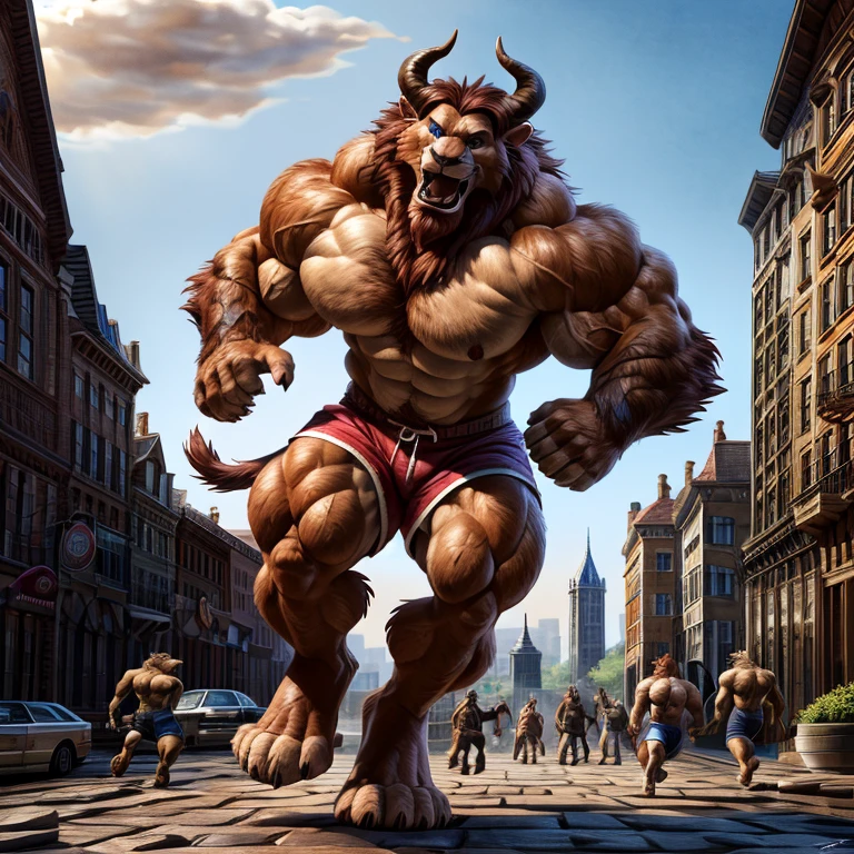 A photorealistic image of the Beast from the movie Beauty and the Beast, super muscular giant, with muscular arms, broad shoulders, giant and toned physique, bursting muscular veins, blue eyes, tail, super furry brown fur, backward facing horns, with veins jumping, barefoot, super giant 50 meters high in the center of a city Lora:, full height. 4K, high resolution, best quality, (strong pecs, defined muscles, muscular shoulders), correct anatomy, (by Wfa:1.0), (by Takemoto Arashi:1.0), (by Taran Fiddler:0.5), sensual, (pink shorts , topless), sensual shadows, slender posture, open mouth, show tongue, open:1 eyes, detailed eyes