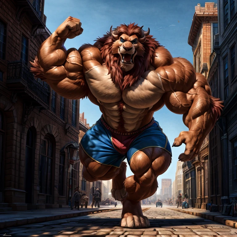 A photorealistic image of the Beast from the movie Beauty and the Beast, super muscular giant, with muscular arms, broad shoulders, giant and toned physique, bursting muscular veins, blue eyes, tail, super furry brown fur, backward facing horns, with veins jumping, barefoot, super giant 50 meters high in the center of a city Lora:, full height. 4K, high resolution, best quality, (strong pecs, defined muscles, muscular shoulders), correct anatomy, (by Wfa:1.0), (by Takemoto Arashi:1.0), (by Taran Fiddler:0.5), sensual, (pink shorts , topless), sensual shadows, slender posture, open mouth, show tongue, open:1 eyes, detailed eyes