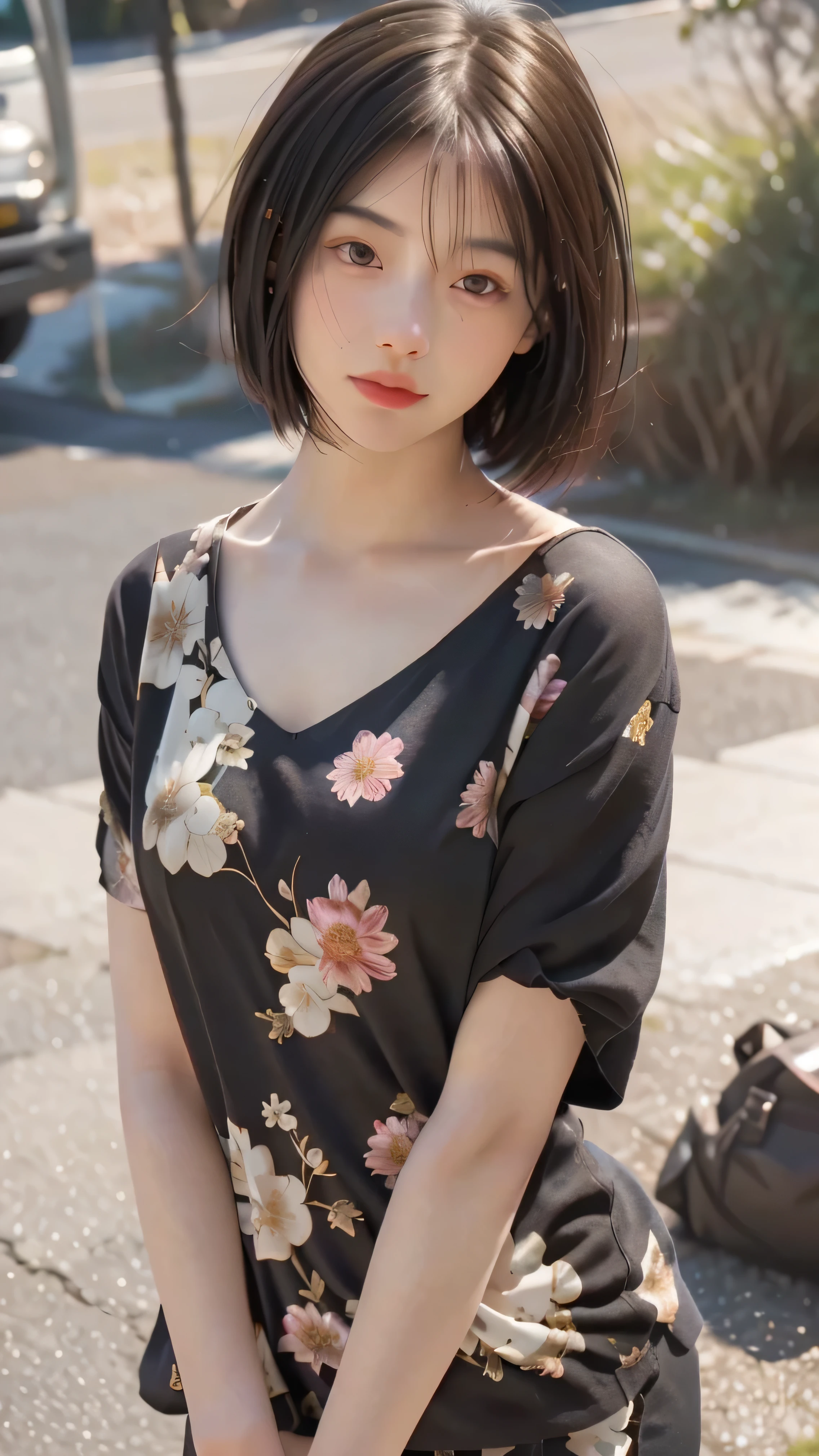 (8k, highest quality, masterpiece: 1,2), (Realistic, Realistic: 1.37), Super Detail, One Girl, ), (Very detailed), (Beautiful fine details), (highest quality) , (Very detailed), (masterpiece), (Detailed face), 20-year-old, One person girl, whole body, Are standing, Black Hair, Very short hair, Medium chest, Perfect lighting, looking at the camera, I brought a love letter, Full head of floral hair, impressive, Written boundary depth, Short Hair, Short Bob, Straight face, Head and body balance
