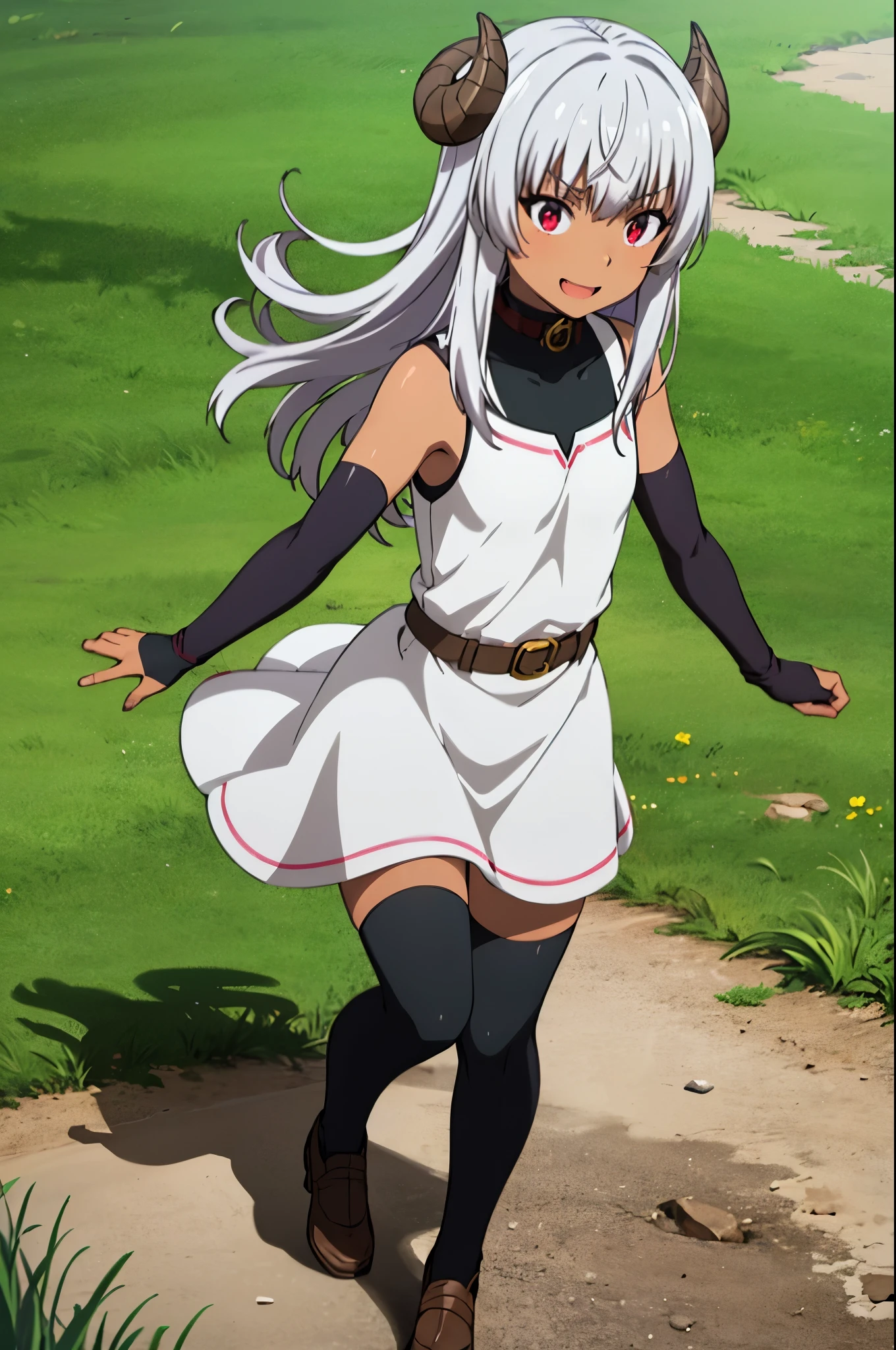 best quality, ultra high res, Felm, 1girl, flat chest, bodysuit, collar, sleeveless, elbow gloves, fingerless gloves, black thighhighs, dark skin, grey hair, long hair, red eyes, curled horns, at grass plain fields, sunset, lens flare, sweet smile, wearing peasant dress