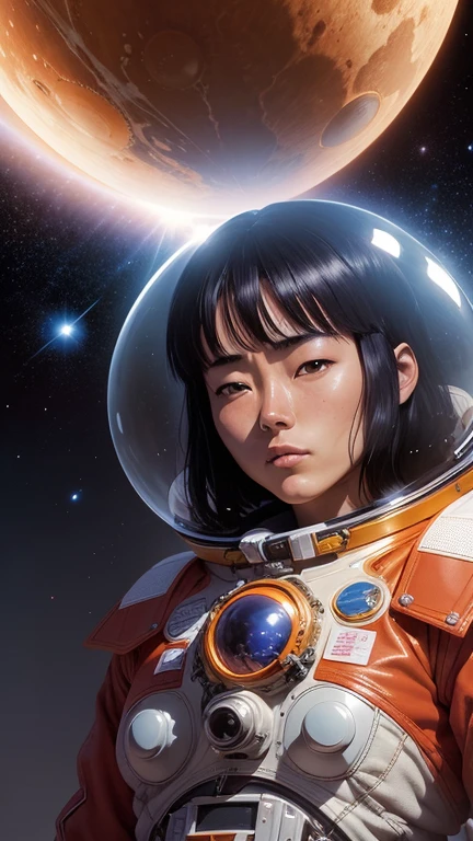 Naoyuki Kato, Jean Giraud, Surreal, mysterious, strange, fantastical, fantasy, Sci-fi, Japanese anime, how to navigate the solar system, tourist guide, beautiful girl in a space suit, perfect voluminous body, detailed masterpiece zoom in wide angles Hyper realistic sharp focus cinematic lighting zoom in shy coquettish embarrassed angles perspectives real