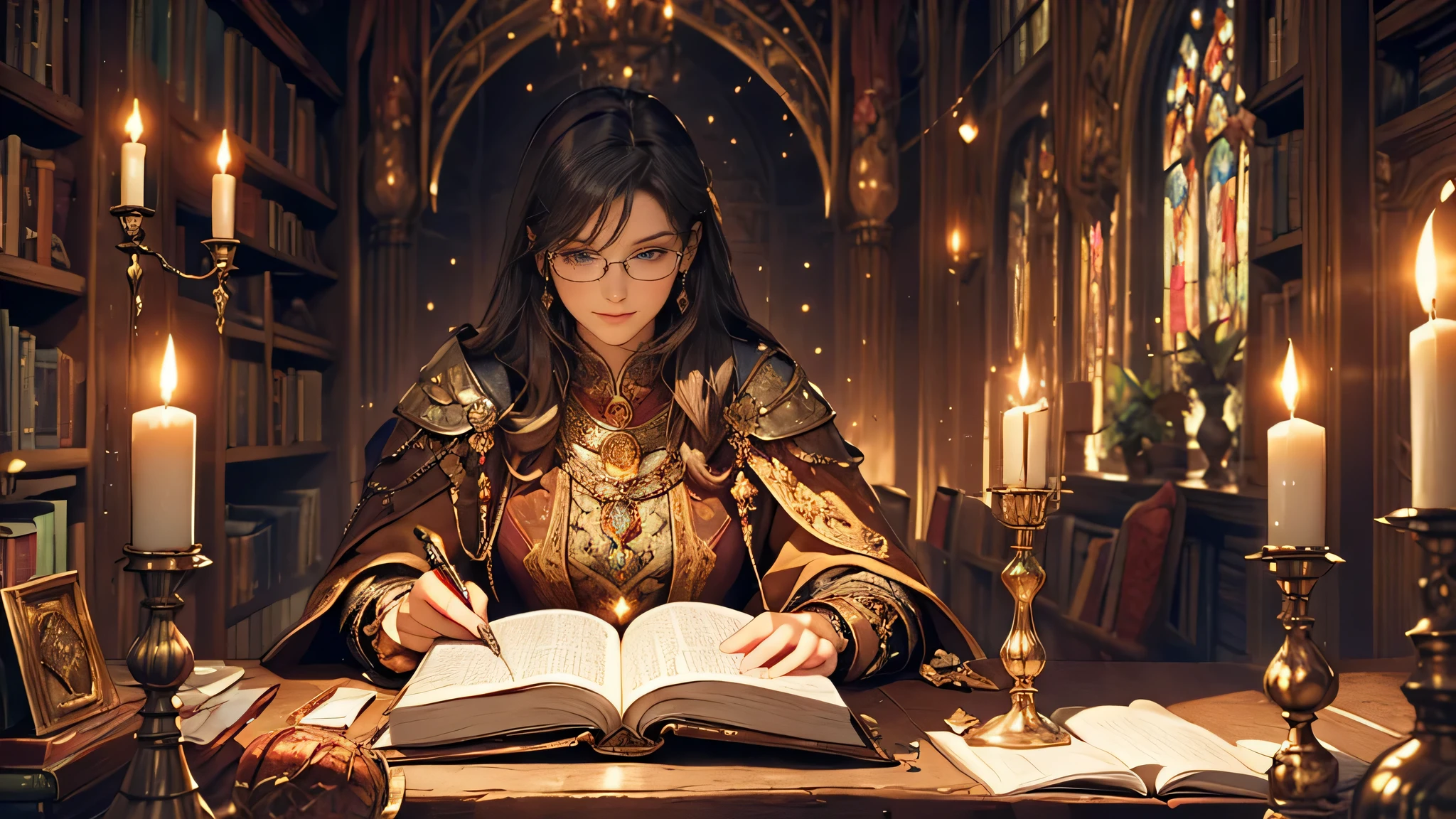 (high quality,ultra-detailed,realistic,photorealistic:1.37),dark-haired woman,beautiful detailed eyes,reading,ancient file,library,black and white curtains,Medieval fantasy theme,soft lighting,leather-bound books,mysterious atmosphere,charmingly lit candles,antique wooden bookshelves,parchment paper,brown manuscript ink,aged quill pen,mystical ambiance,dimly lit chandeliers,vintage reading glasses,magical artifacts,enchanted tome,whispered secrets,dust particles floating in the air,authentic antique furniture,vibrant stained glass windows,exquisite ironwork,elaborate tapestries of knights and dragons,ornate ceiling frescoes,golden candle holders,fragrant incense,labyrinth-like book aisles,sacred symbols and sigils,glimmering candlelight,enchanted spellbooks,echoes of ancient knowledge,captivating story unfolding,powerful mystic aura,ethereal tranquility,magical whispers of forgotten spells,secretive corners of wisdom,enchanted journey through time and imagination