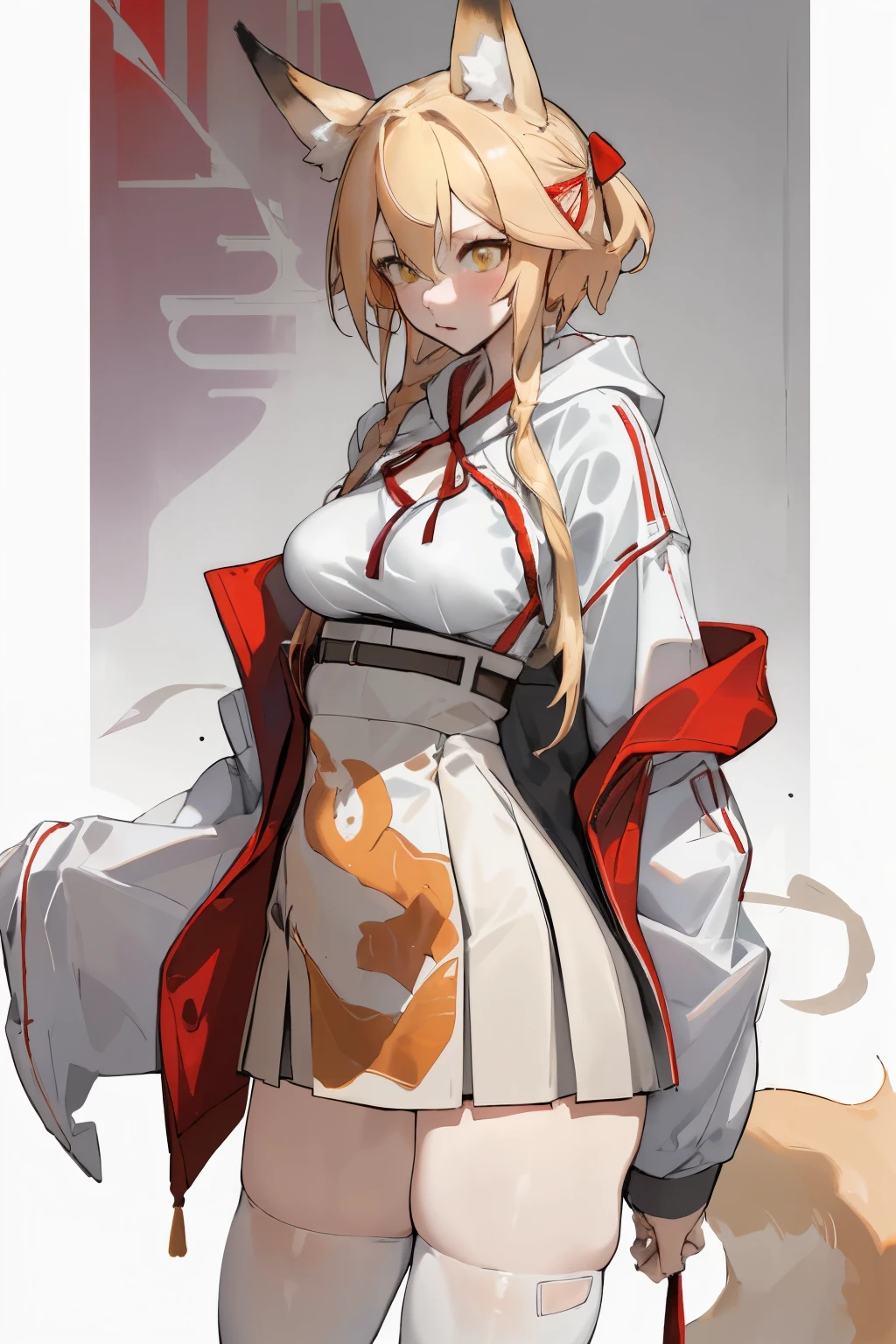 White knee-length stockings，hoodie，Short skirt，Big ，Plum,(masterpiece, best quality) detailed, Blonde ,elegant, (Fox ears)，Red Eyeshadow, Chinese element pattern，thigh，漏出thigh，White shirt，Open chest，Chest leakage，Large Breasts