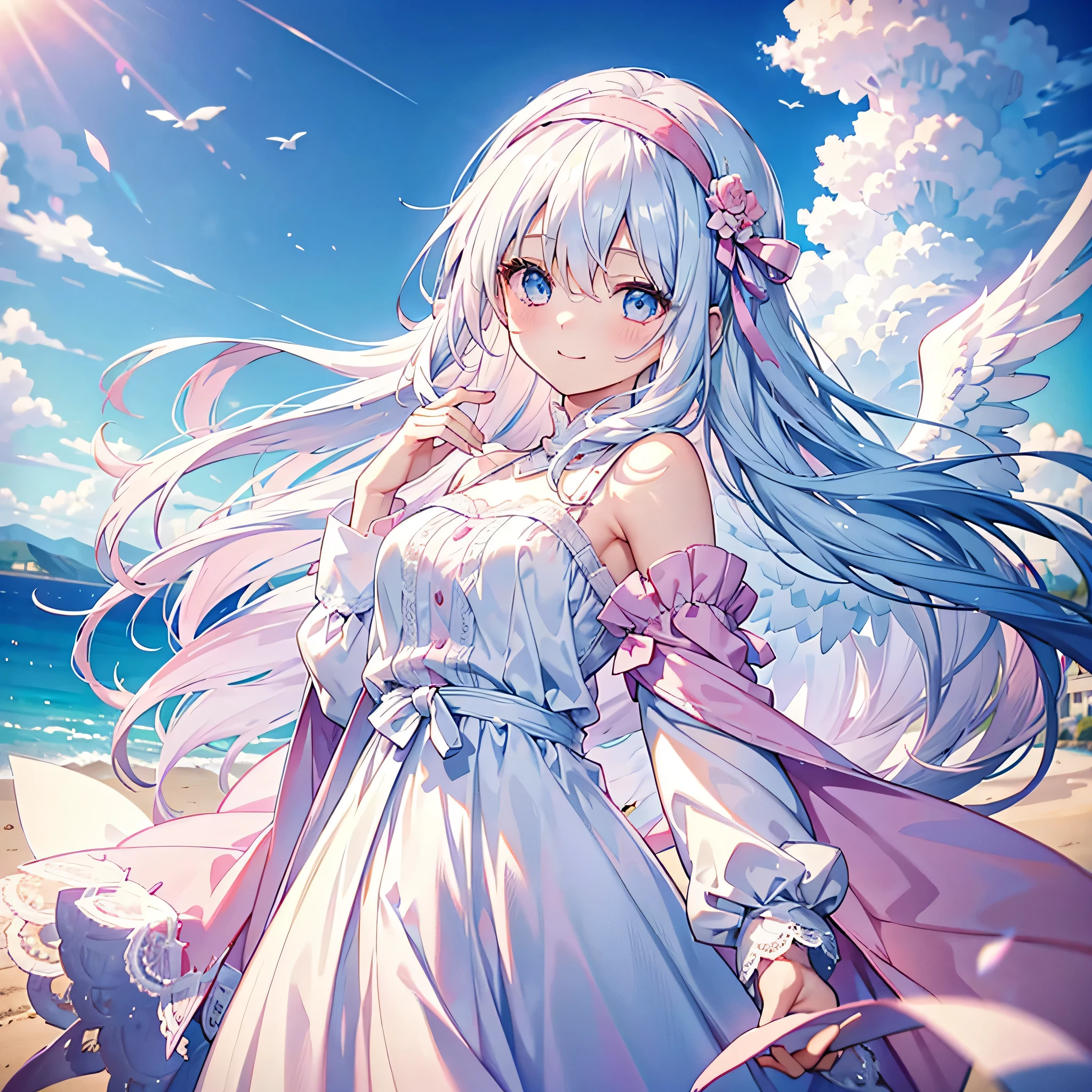 Alone, Pretty woman with long white hair and blue eyes、short、landscape、Trying to wear a thick pink headband、Smiling face close-up、White dress、A long pink lace cardigan draped over the shoulders、18-year-old、Adorable smile、Angel wings on the back、Less exposed skin、pastel colour、cute
