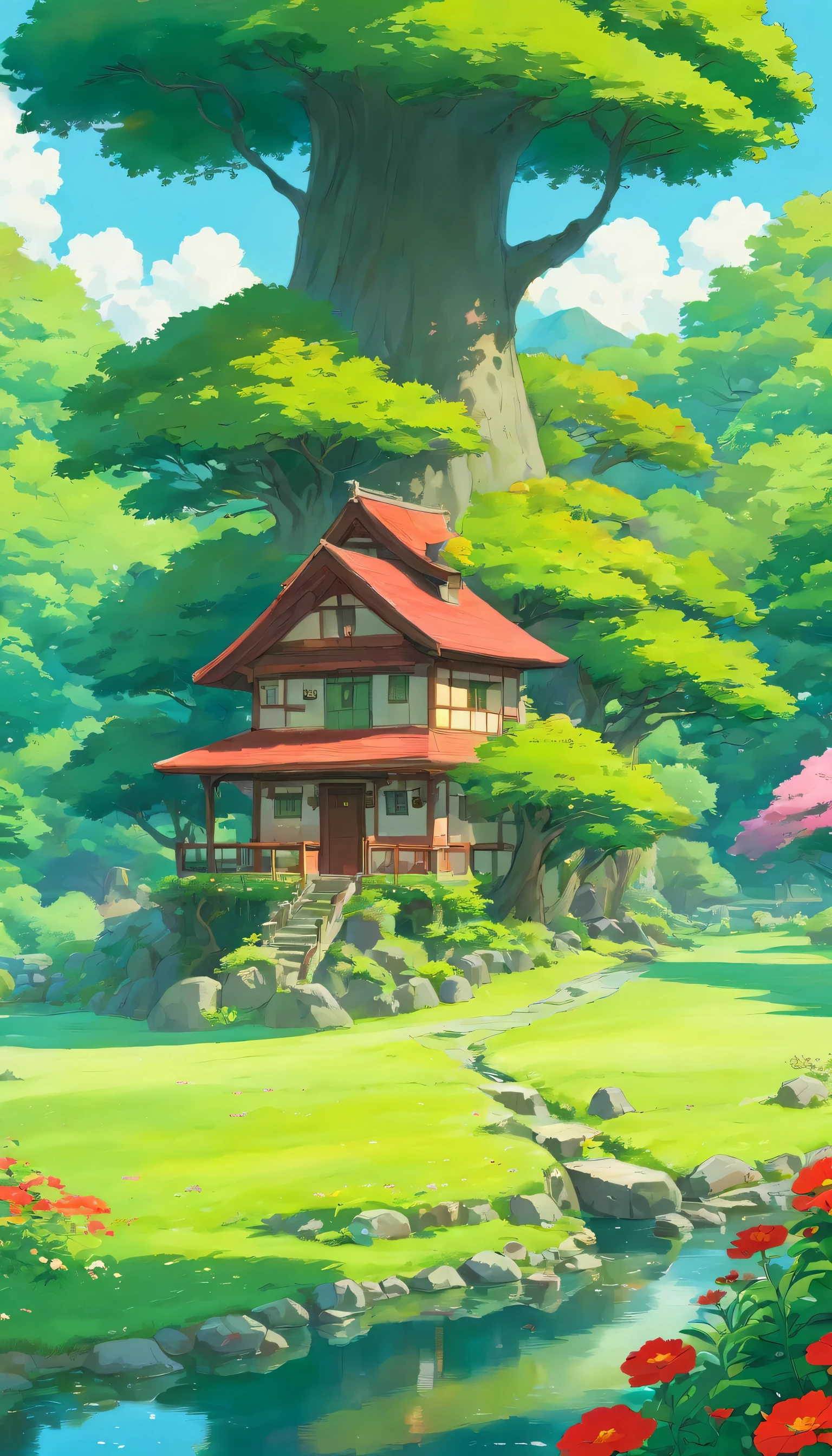 A small house near a giant tree In a beautiful landscape of green grass and red flowers near a small pond 