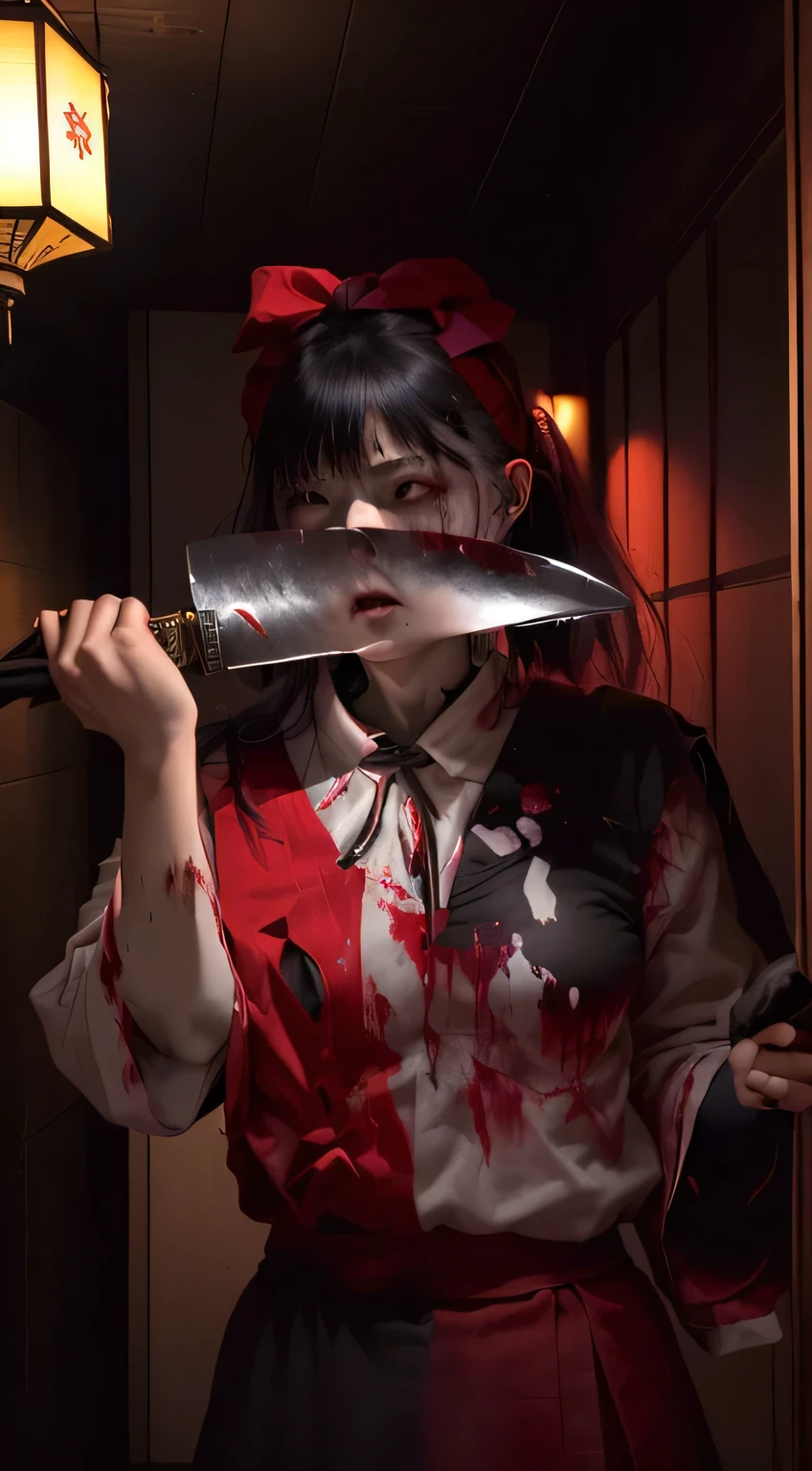 There was a woman holding a knife and a lamp, gapmoe morbidity, morbidity, bloody knife, gapmoe morbidity grimdark, horror photo, Japanese live-action movies, Japan fear movie footage, Japan fear, Still from a live action movie, bloody, killer - girl, Crazy girl summons death, Wearing a bloody apron