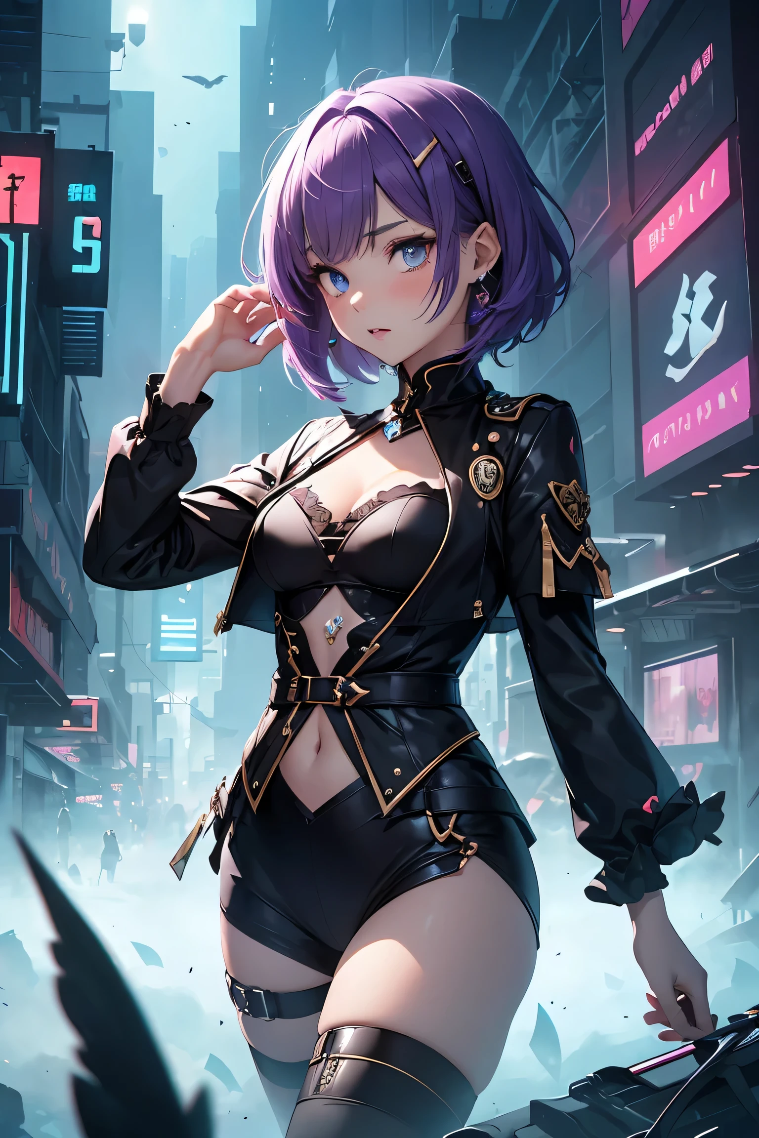 streaked_hair,multicolored_hair,purple hair,black hair,cross-laced_clothes,hairpin,star(symbol),cross-laced_corset,short hair, GtsGiga, giantess art,Rampage, bare shoulder,croptop, leopard print legging,gaudy,neon sun visor,large bosom, full body