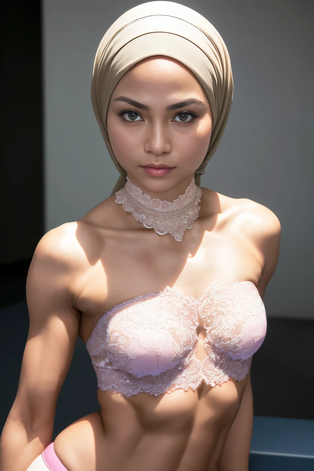 ((SHORT HIJAB)), ((Flat chest:1.7)), (dynamic photograph of a 58 year old Indonesian woman), (slim top, cotton panties), (straight non curly hair), (highly detailed face:1.4), (vascular muscles and abs:1.3), (background inside light, bright, private gym:1.1), (8k, uhd, dslr, high quality, cinematic lighting, bokeh), (dramatic, award winning photography, incredible masterpiece:1.3), (((sexy sultry stare at camera:0.8))), close up, ((she is ready to dominate you:0.5)), ((beautiful feminine face)) (she is a champion MMA fighter), add_detail:1, ((Wearing strapless pastel)) lace yellow fluorescence , from behind view, seductive pose, straddling ,