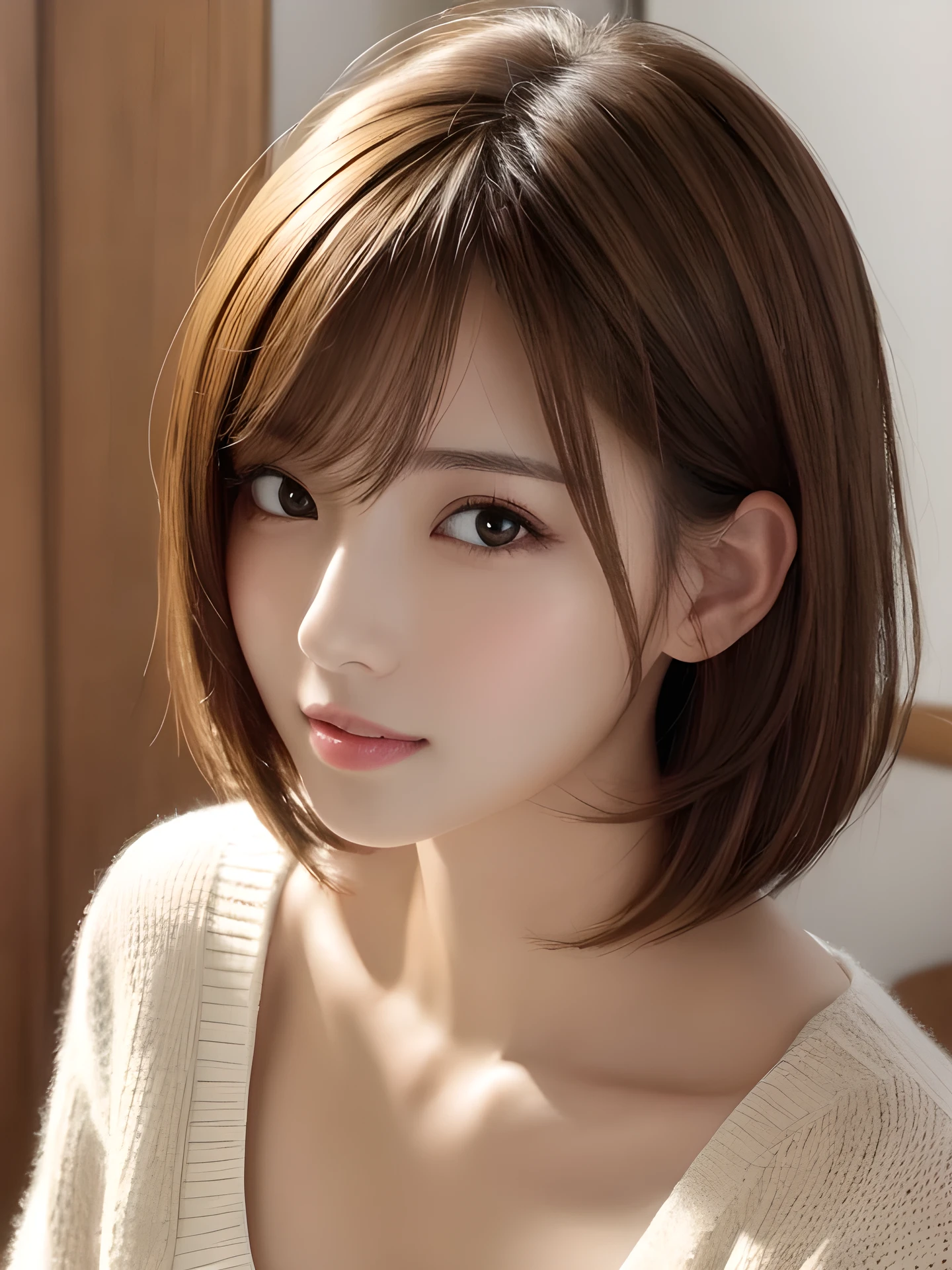 masterpiece, highest quality, High resolution, table top、wallpaper, realistic, bright lighting, professional lighting, face light, smooth lighting, japanese girl, cute, open mouth to say something, Beautiful girl, gravure, sexy, super beautiful, beautiful skin, beautiful and detailed eyes、detailed face、slim、moderately、short hair, brunette colored hair, brown eyes, look at the camera, sweater,
