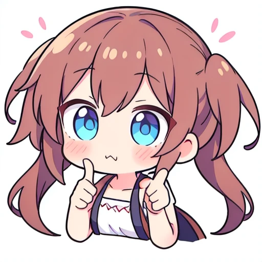 a chibi emoji of an shy anime girl with reddish brown long hair fishtail style, blue eyes,sharp jawline, thinks , puzzled , hand on her chin with thumbs and index finger up